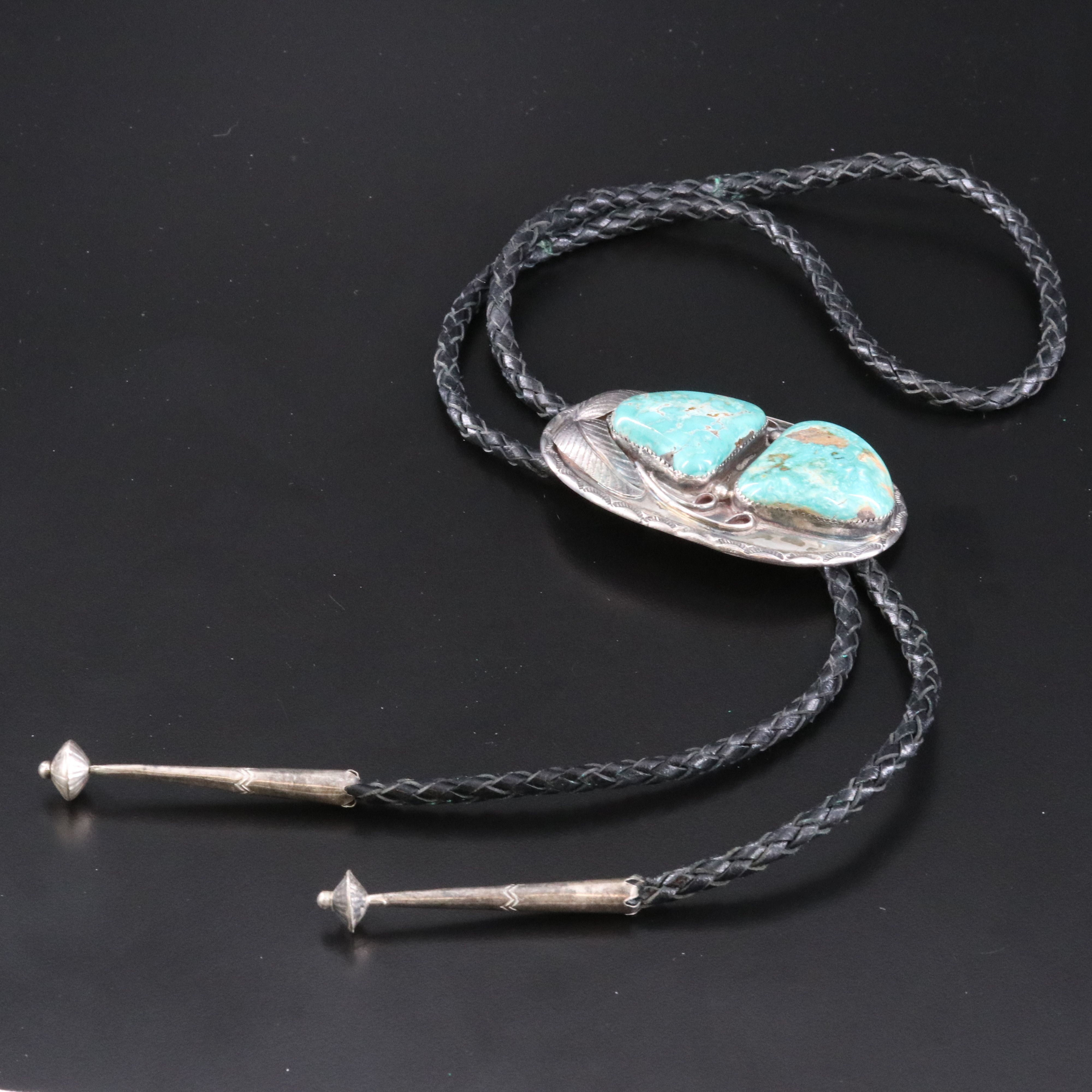 Southwestern Signed Sterling Turquoise Bolo Tie
