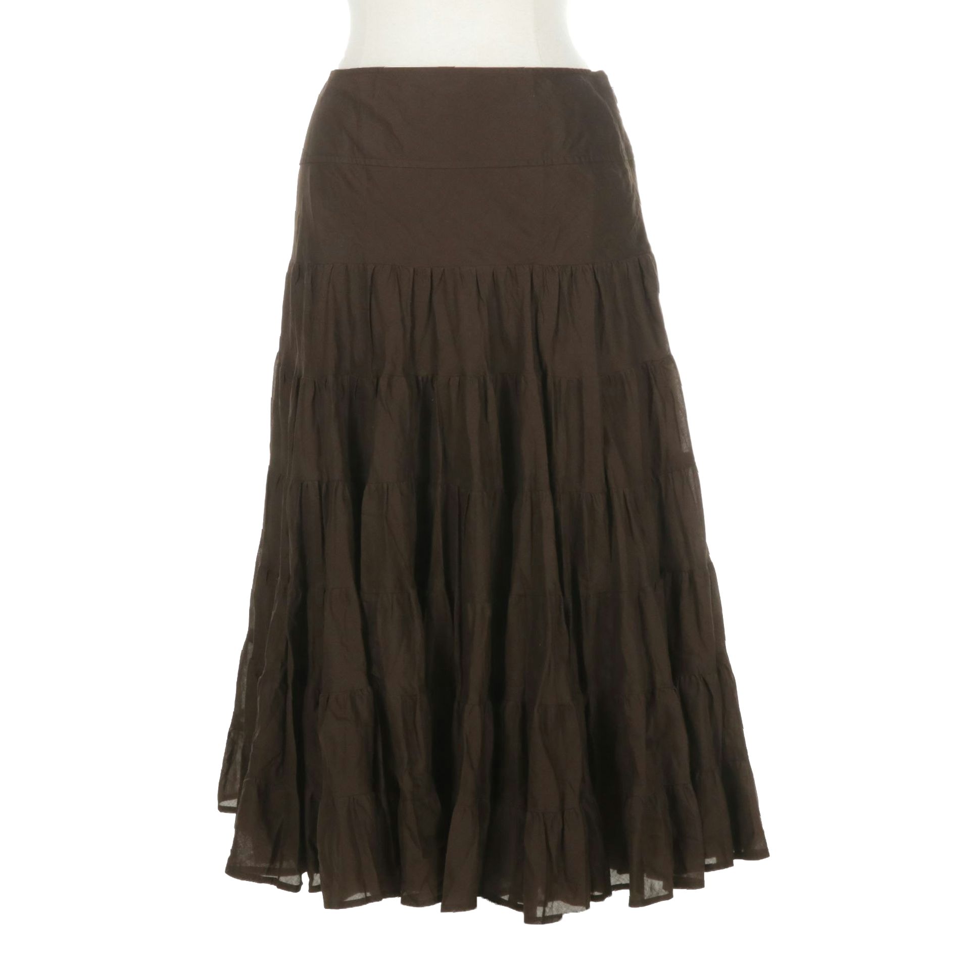 INC International Concepts Tiered Ruffle Espresso Brown Midi Skirt, Size 10
