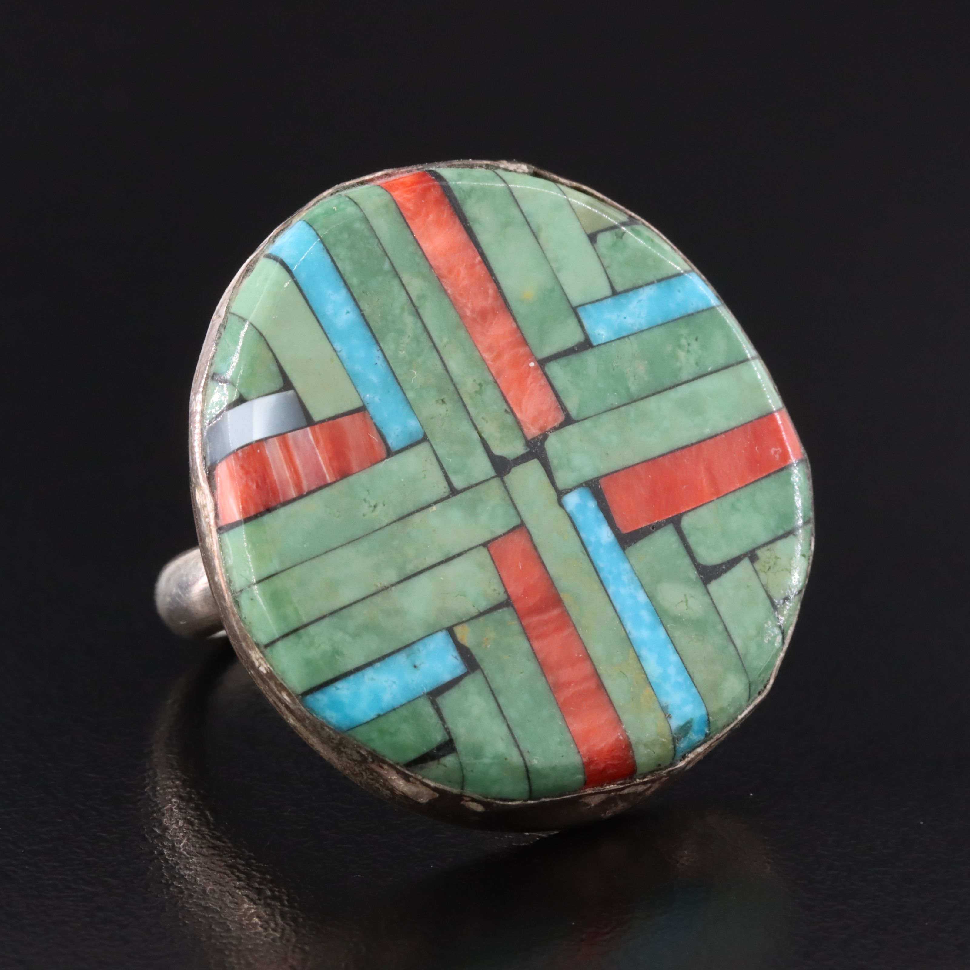 Joe and Angie Reano Kewa Sterling Turquoise and Coral Inlay Ring