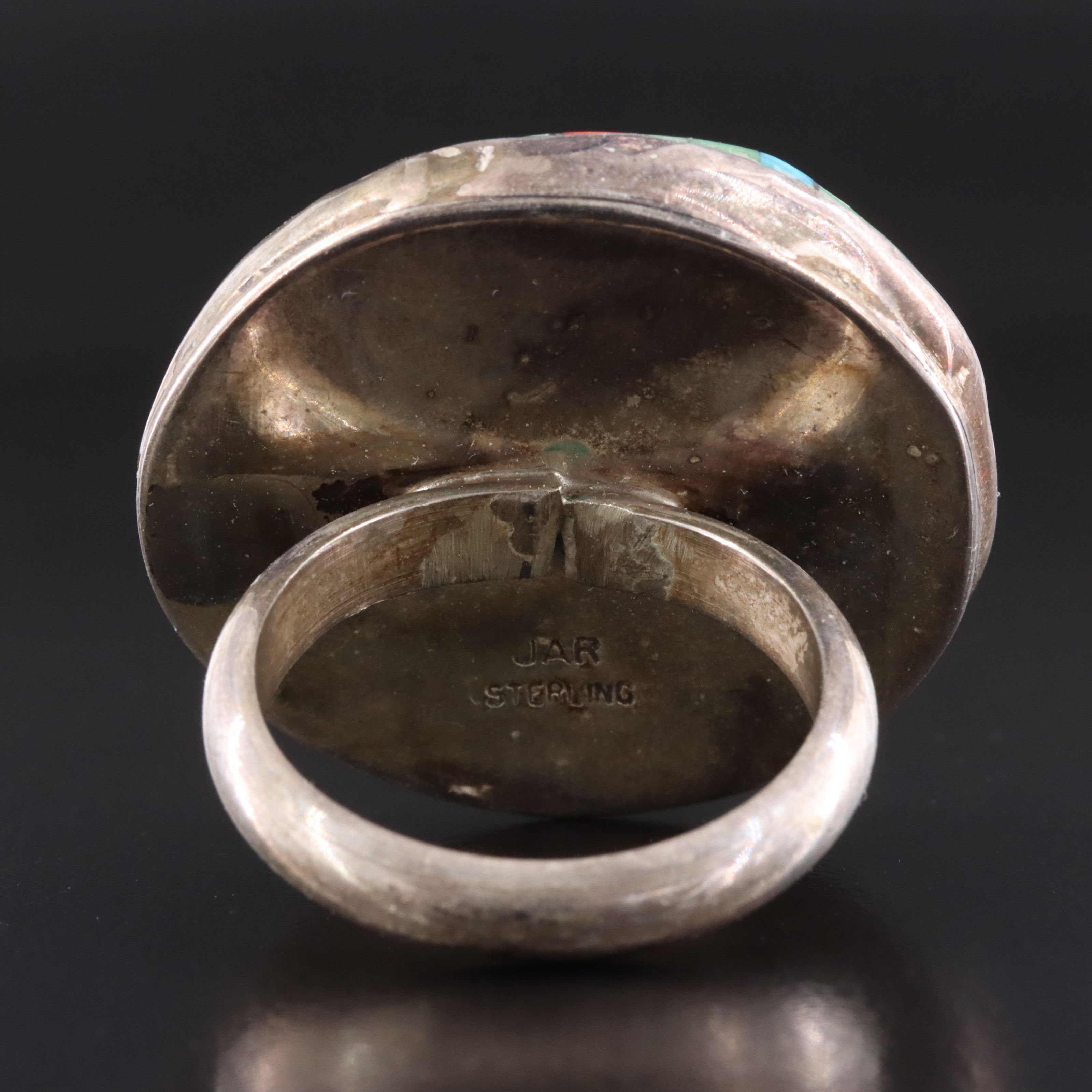 Joe and Angie Reano Kewa Sterling Turquoise and Coral Inlay Ring