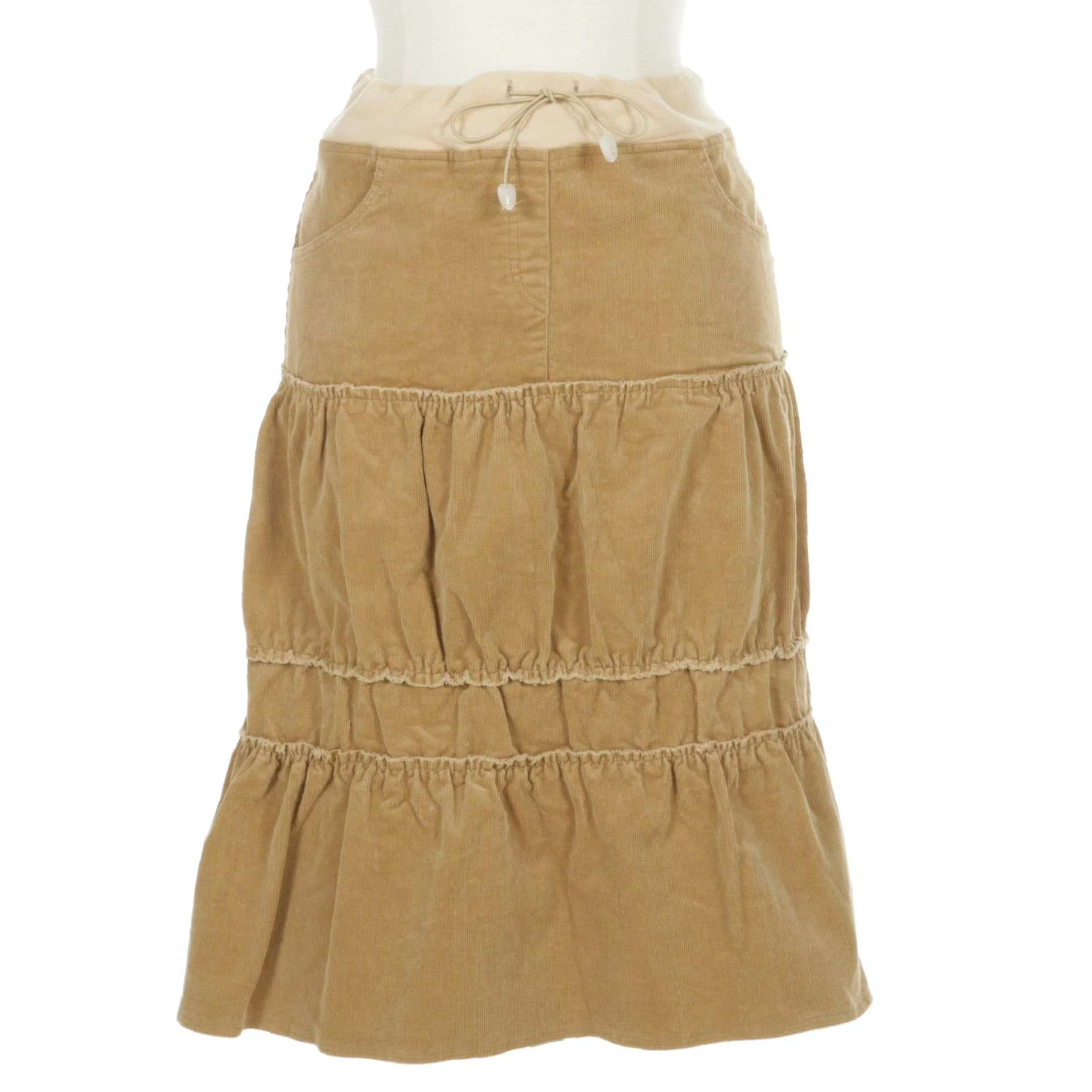 Miro Style Ruffle Tiered Brown Corduroy Midi Skirt with Elastic Waistband, M