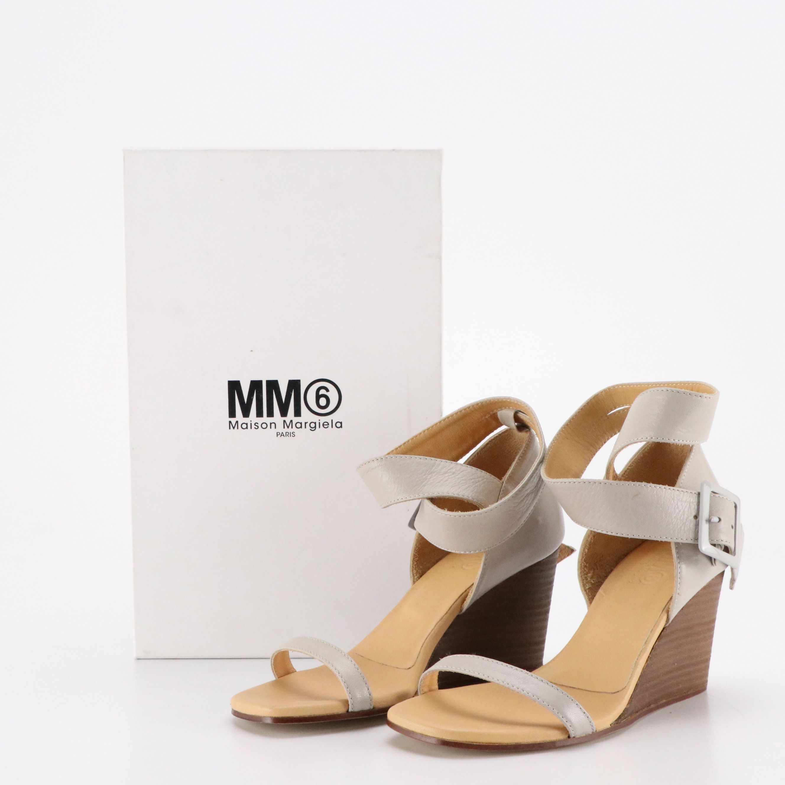 MM6 Maison Martin Margiela Ankle Wrap Wedges in Light Grey Leather, With Box