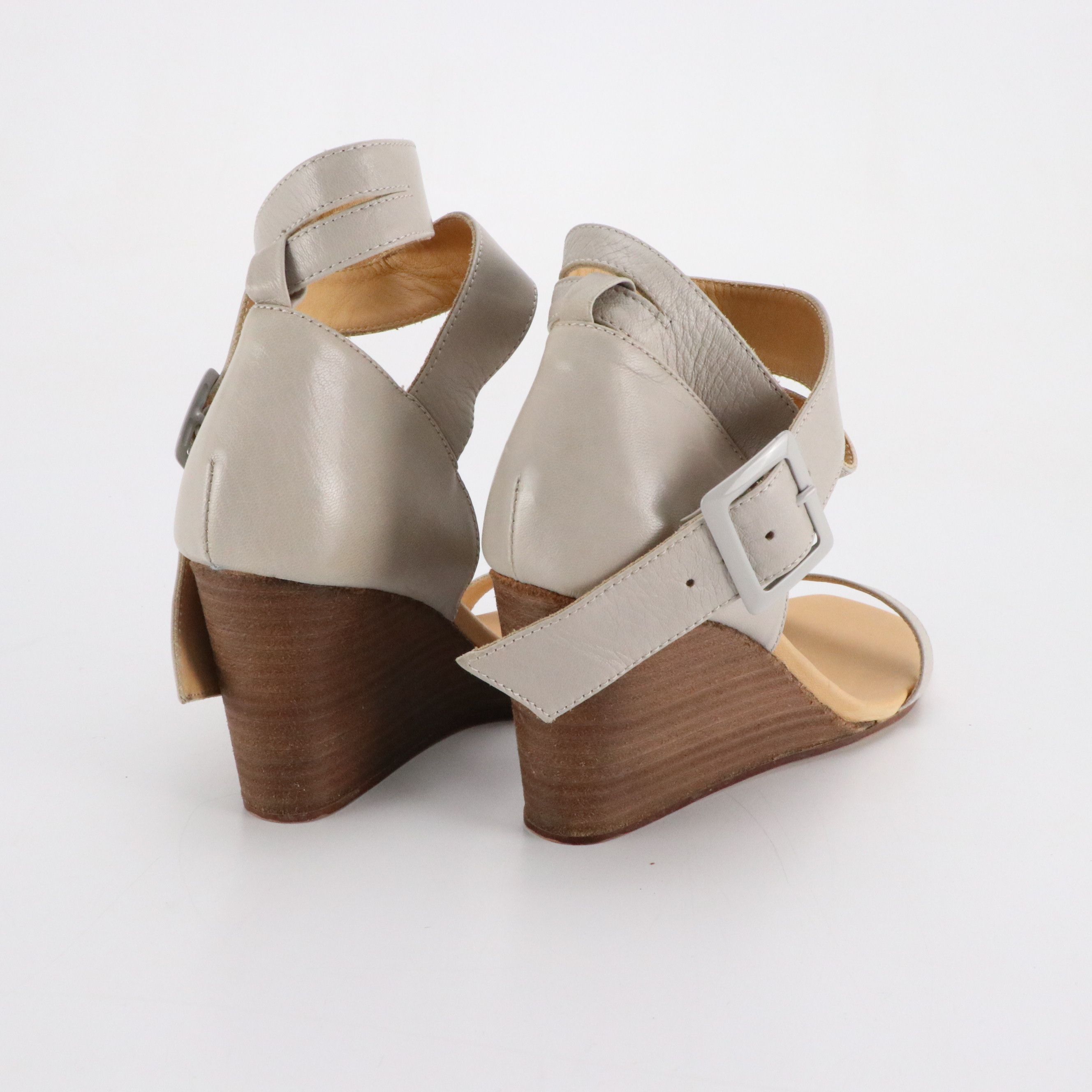 MM6 Maison Martin Margiela Ankle Wrap Wedges in Light Grey Leather, With Box