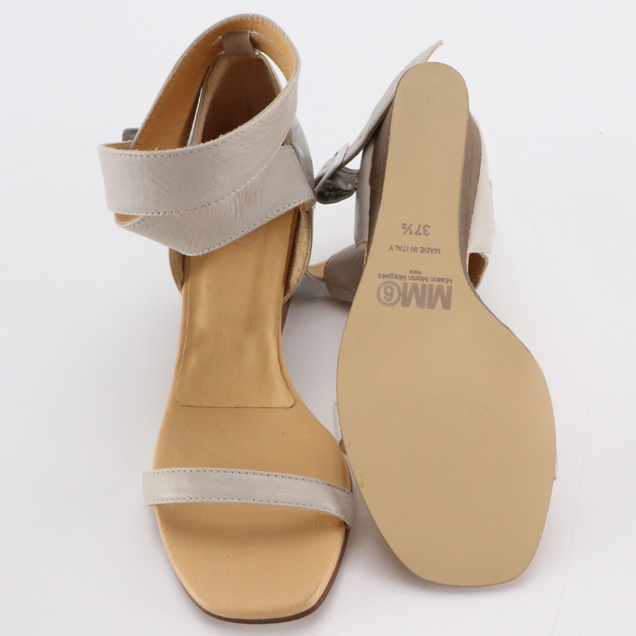 MM6 Maison Martin Margiela Ankle Wrap Wedges in Light Grey Leather, With Box