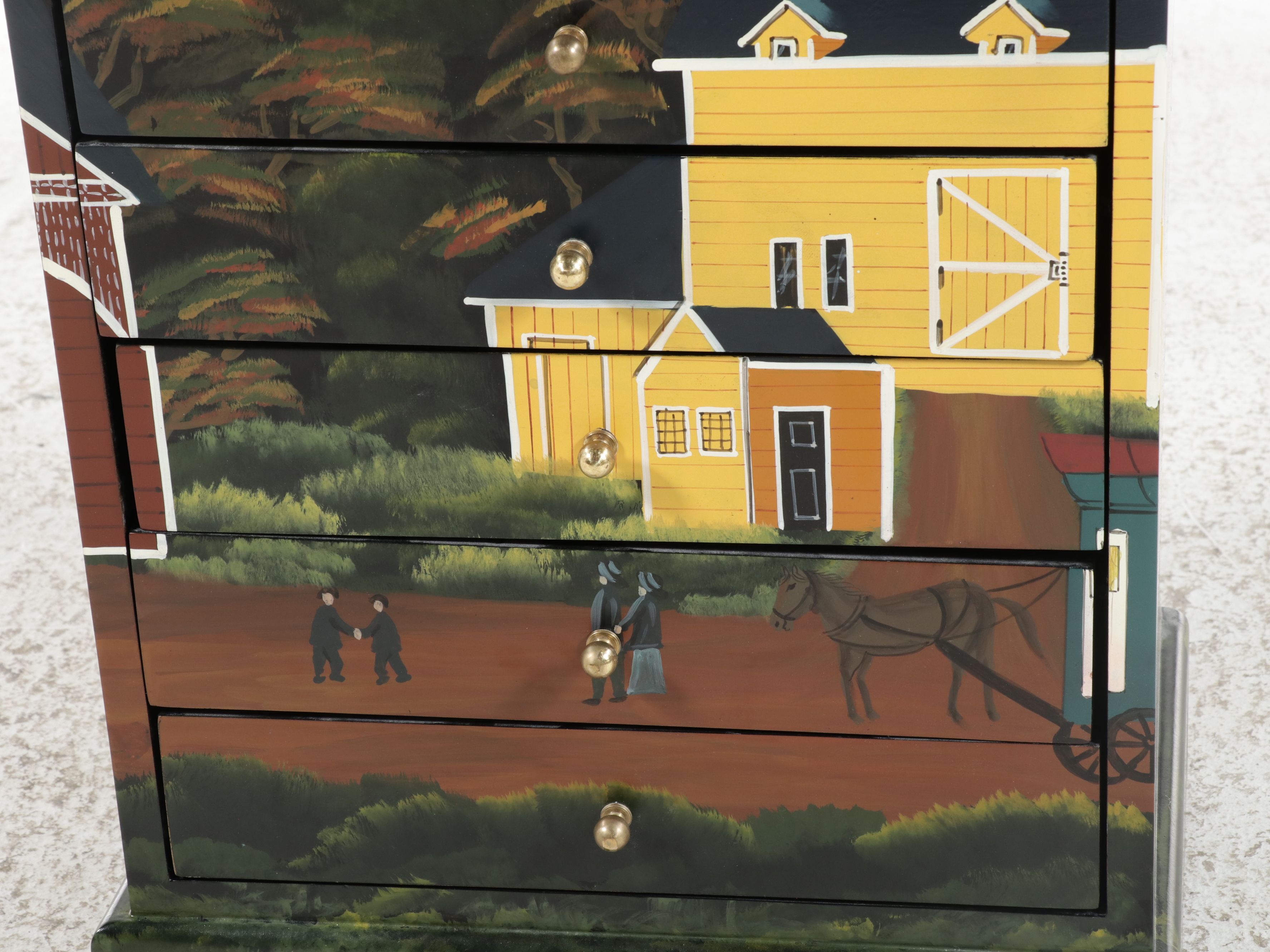 Hand-Painted Folk Art Scene Jewelry Armoire, Late 20th Century