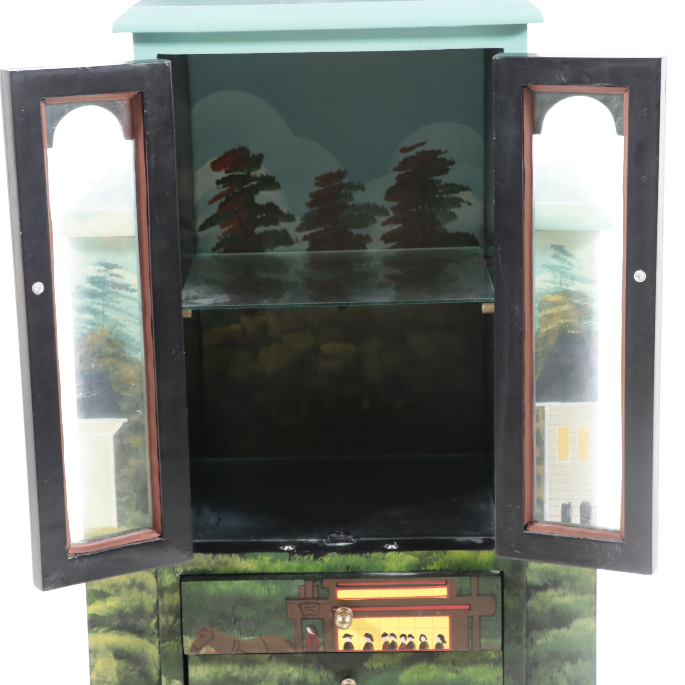 Hand-Painted Folk Art Scene Jewelry Armoire, Late 20th Century