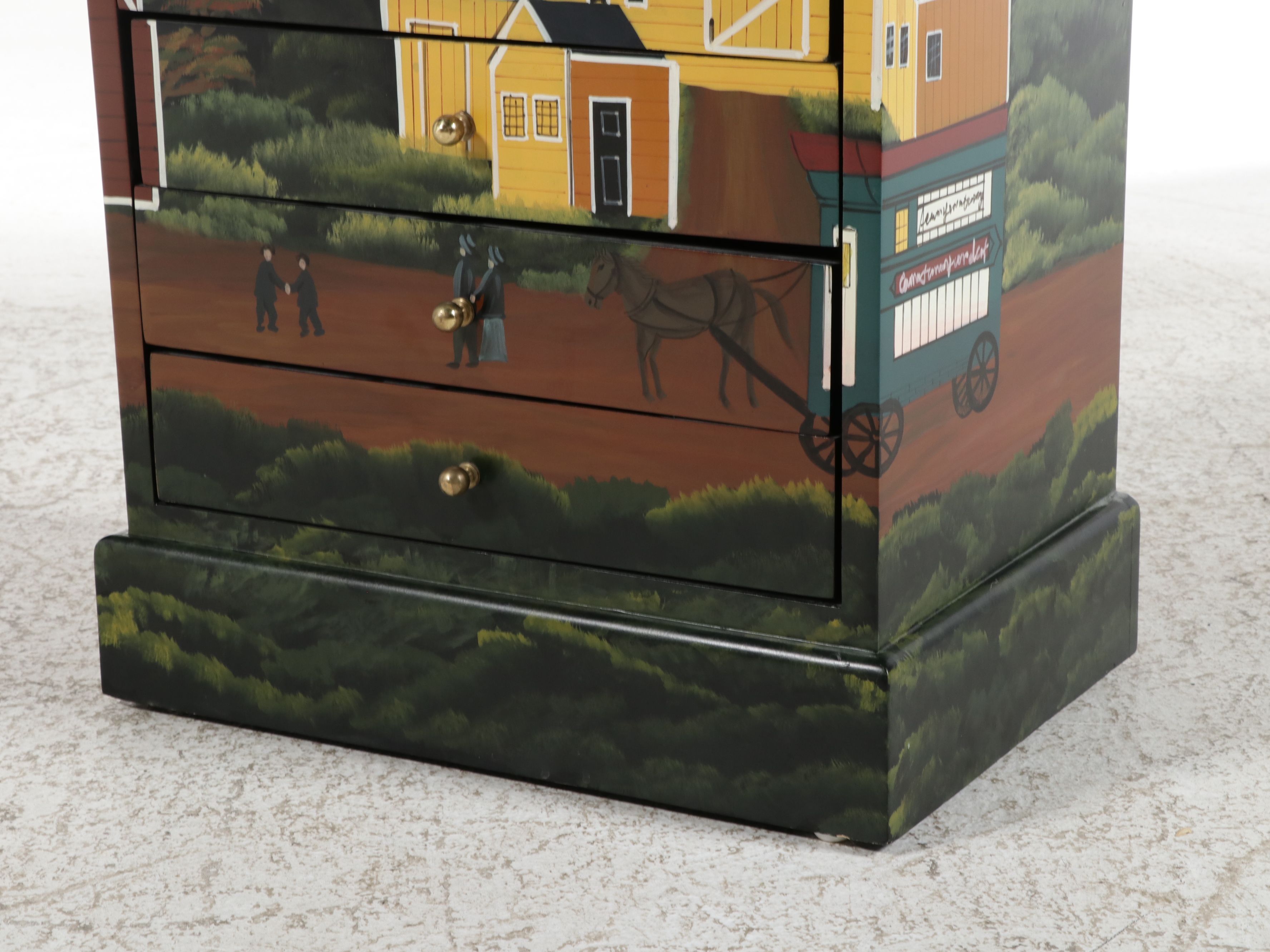 Hand-Painted Folk Art Scene Jewelry Armoire, Late 20th Century