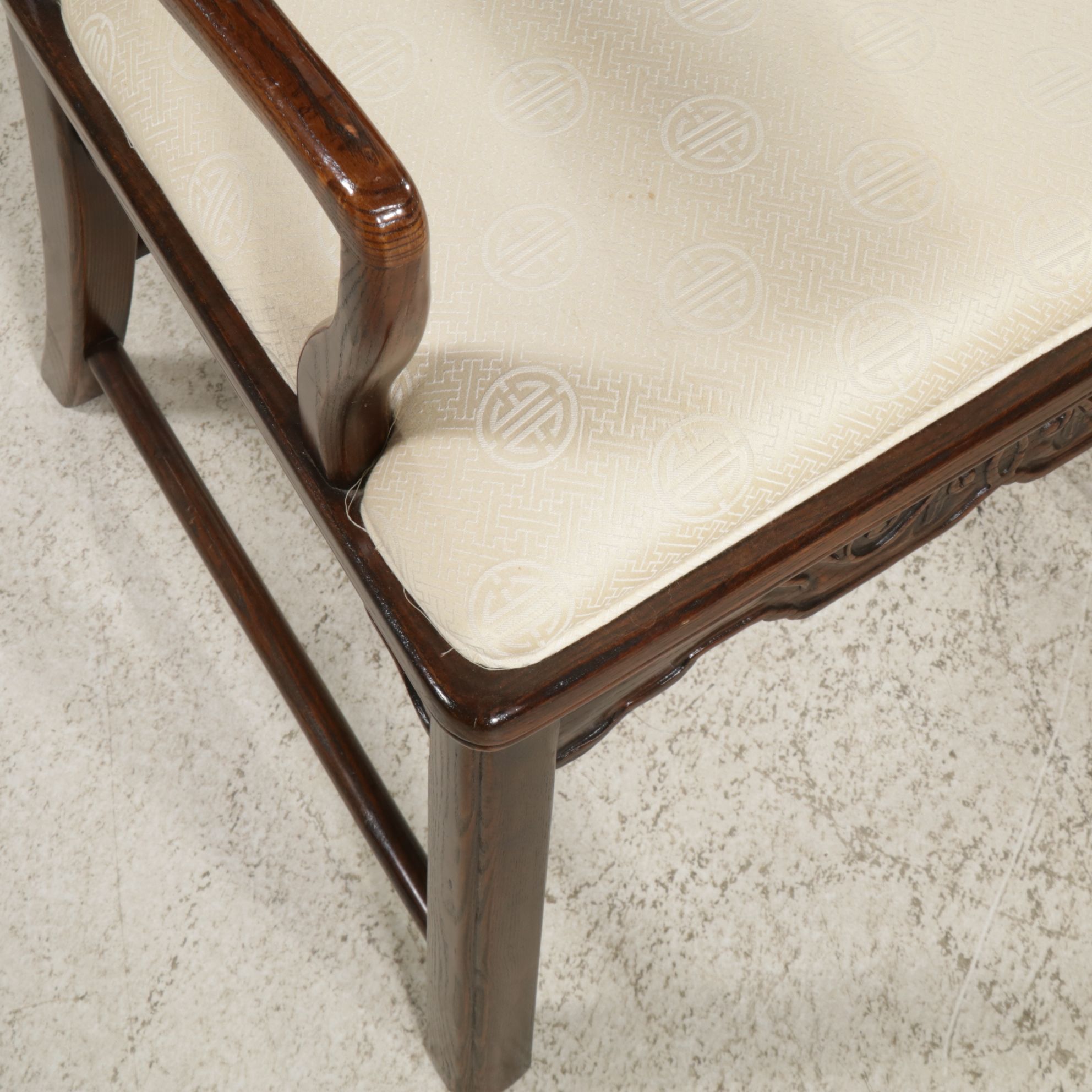 Chinoiserie Carved Oak and Burl Wood Dining Table and Six Chairs