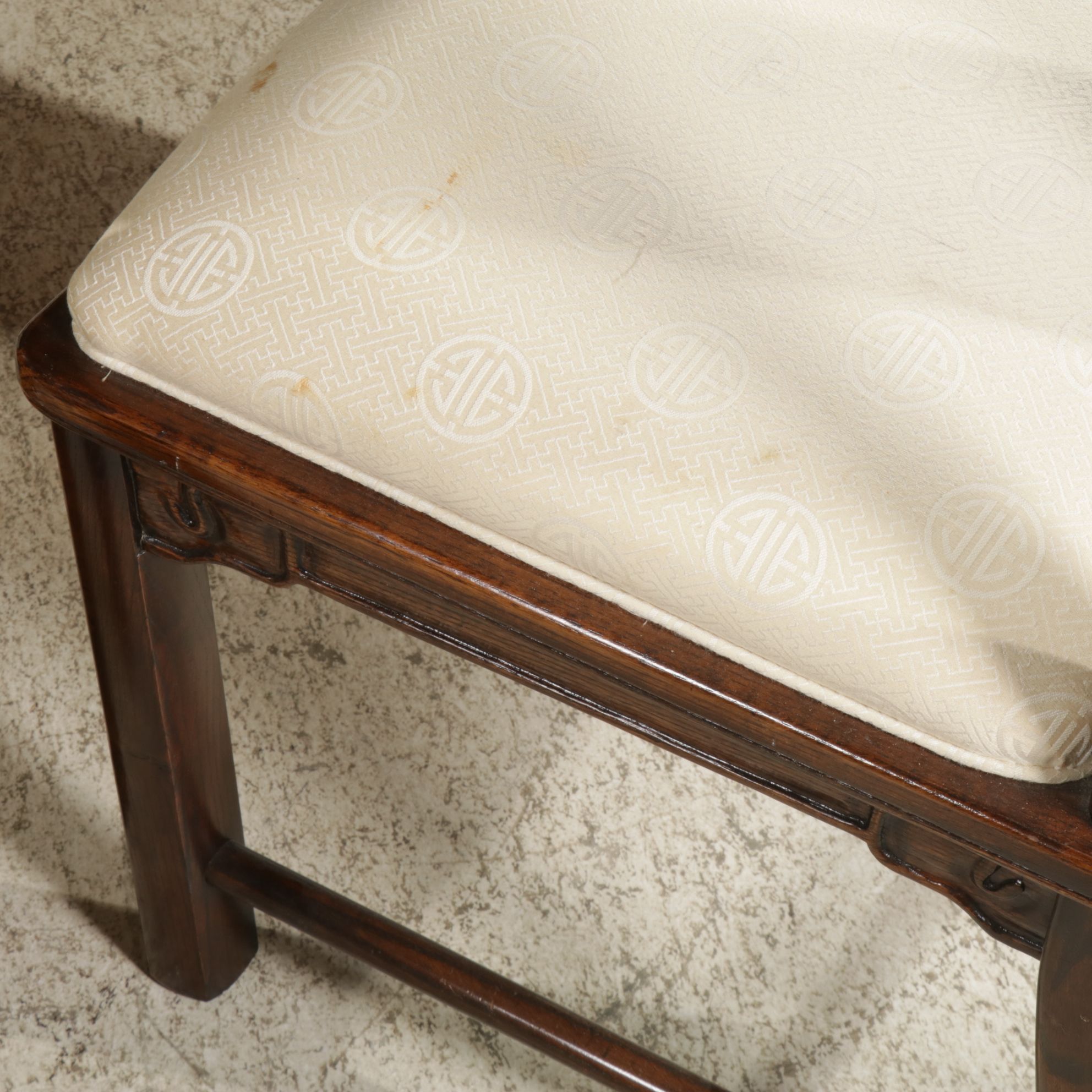 Chinoiserie Carved Oak and Burl Wood Dining Table and Six Chairs