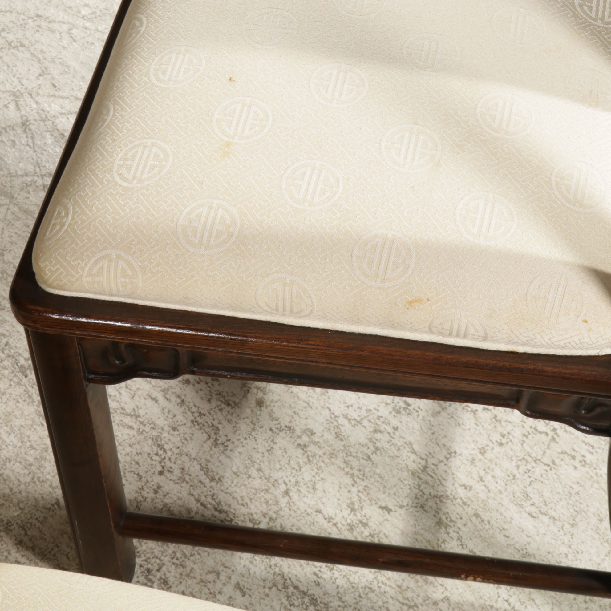 Chinoiserie Carved Oak and Burl Wood Dining Table and Six Chairs