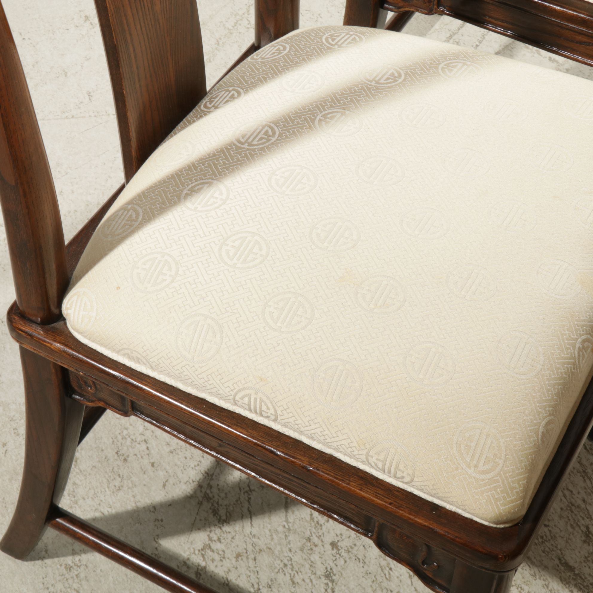 Chinoiserie Carved Oak and Burl Wood Dining Table and Six Chairs