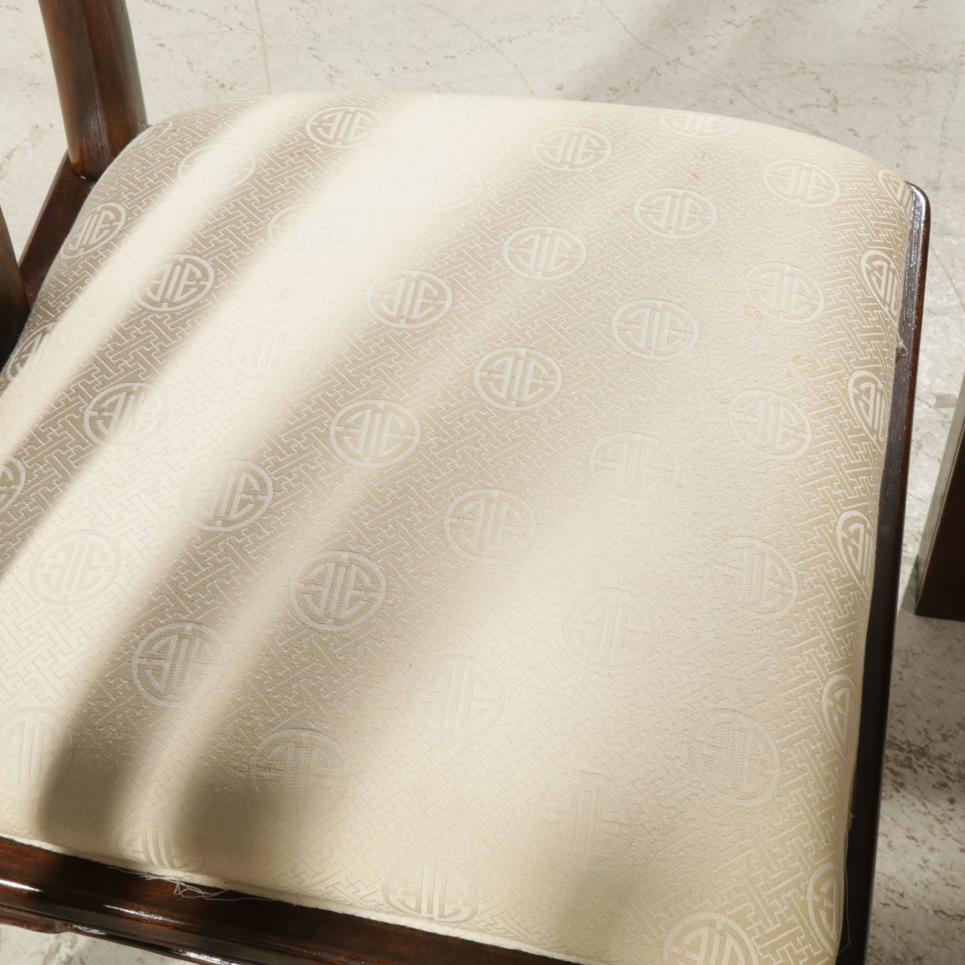 Chinoiserie Carved Oak and Burl Wood Dining Table and Six Chairs