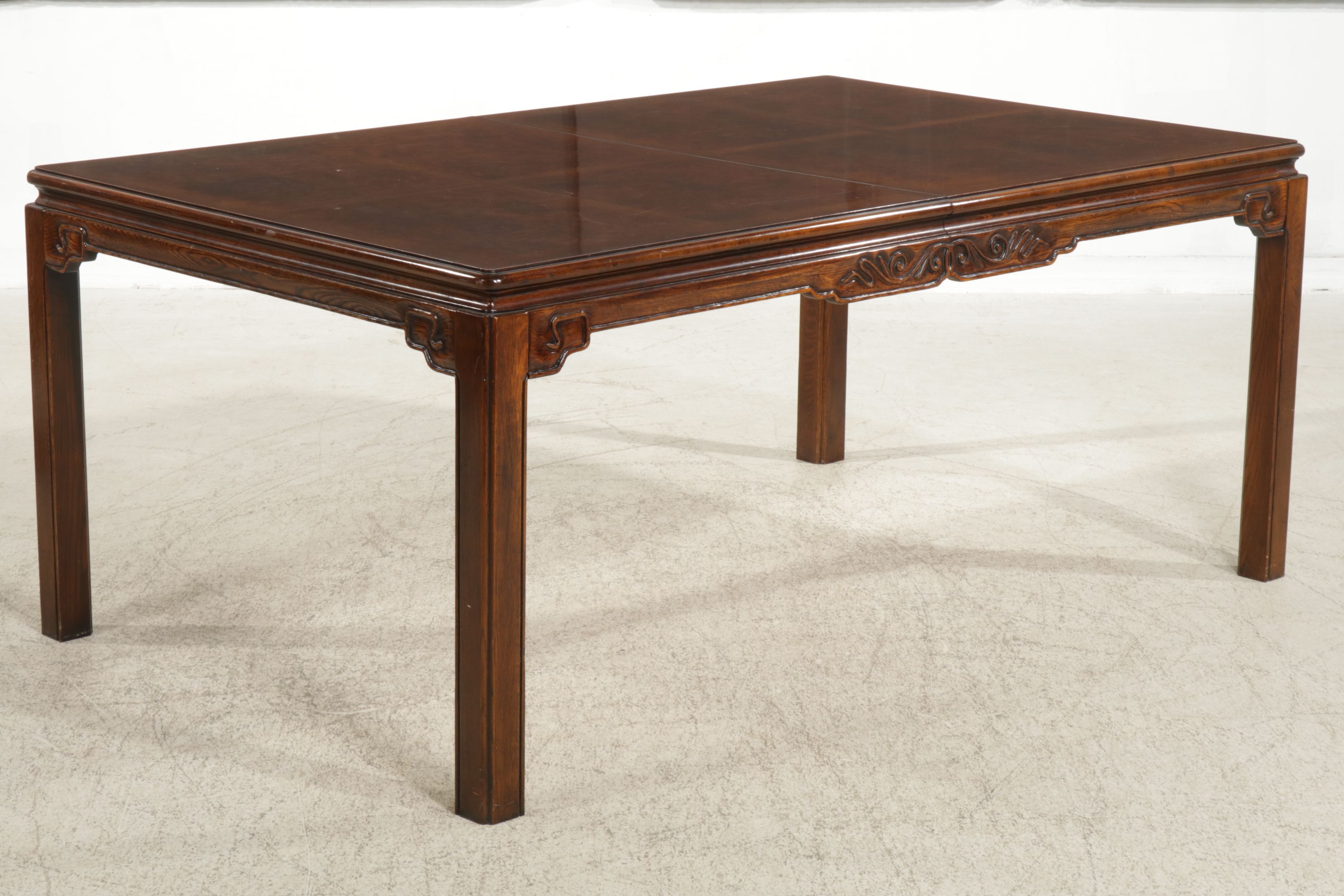 Chinoiserie Carved Oak and Burl Wood Dining Table and Six Chairs