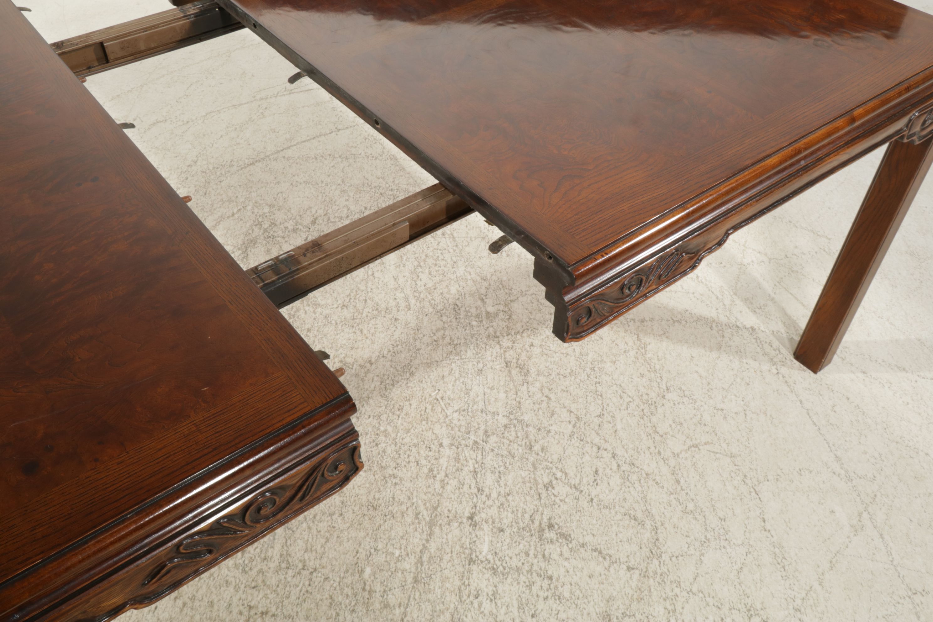 Chinoiserie Carved Oak and Burl Wood Dining Table and Six Chairs