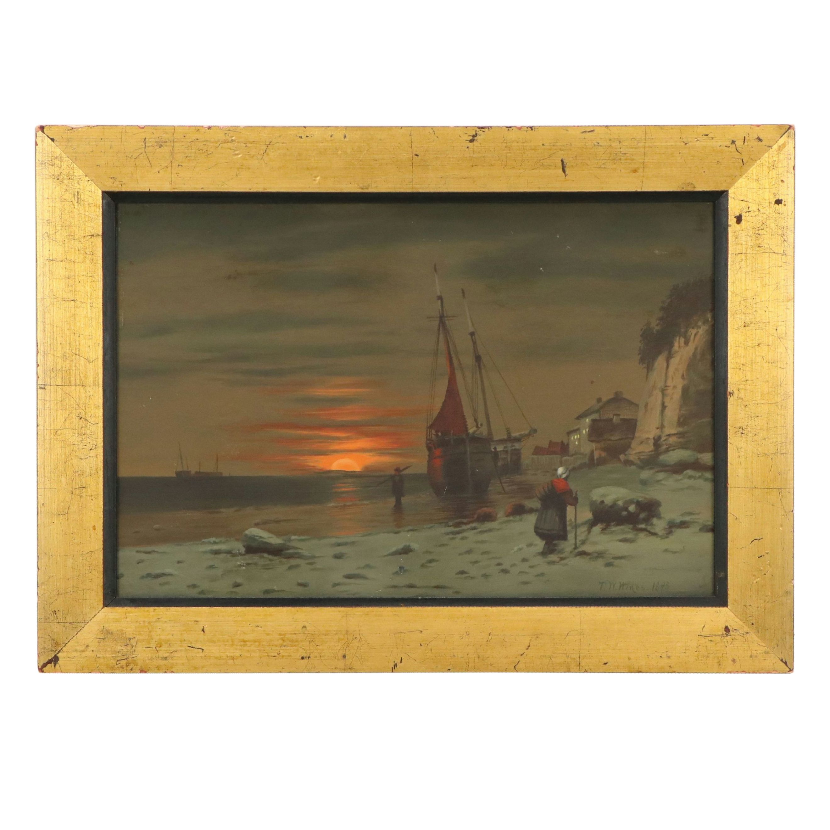 T. W. Wines Coastal Scene at Sunset Oil Painting, 1895