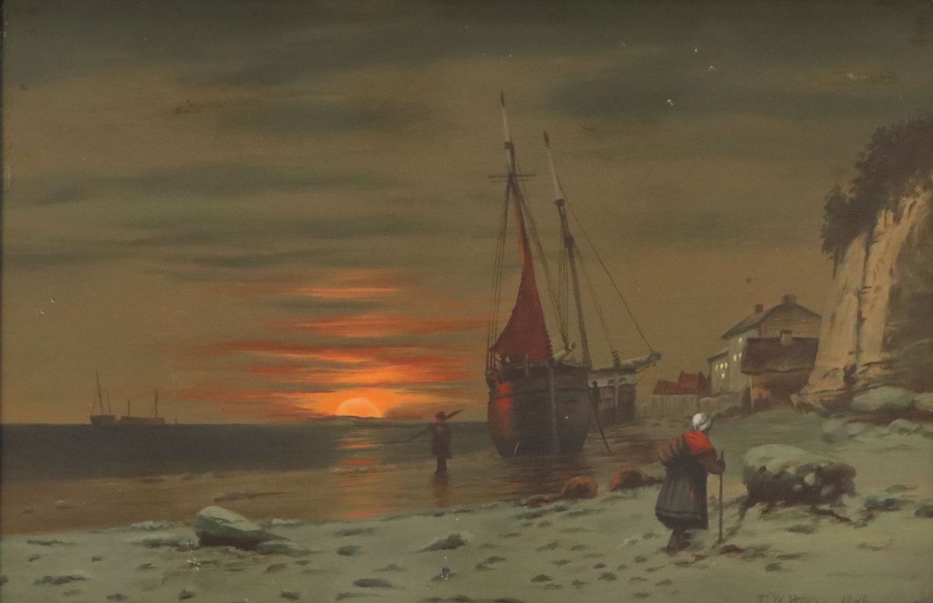 T. W. Wines Coastal Scene at Sunset Oil Painting, 1895