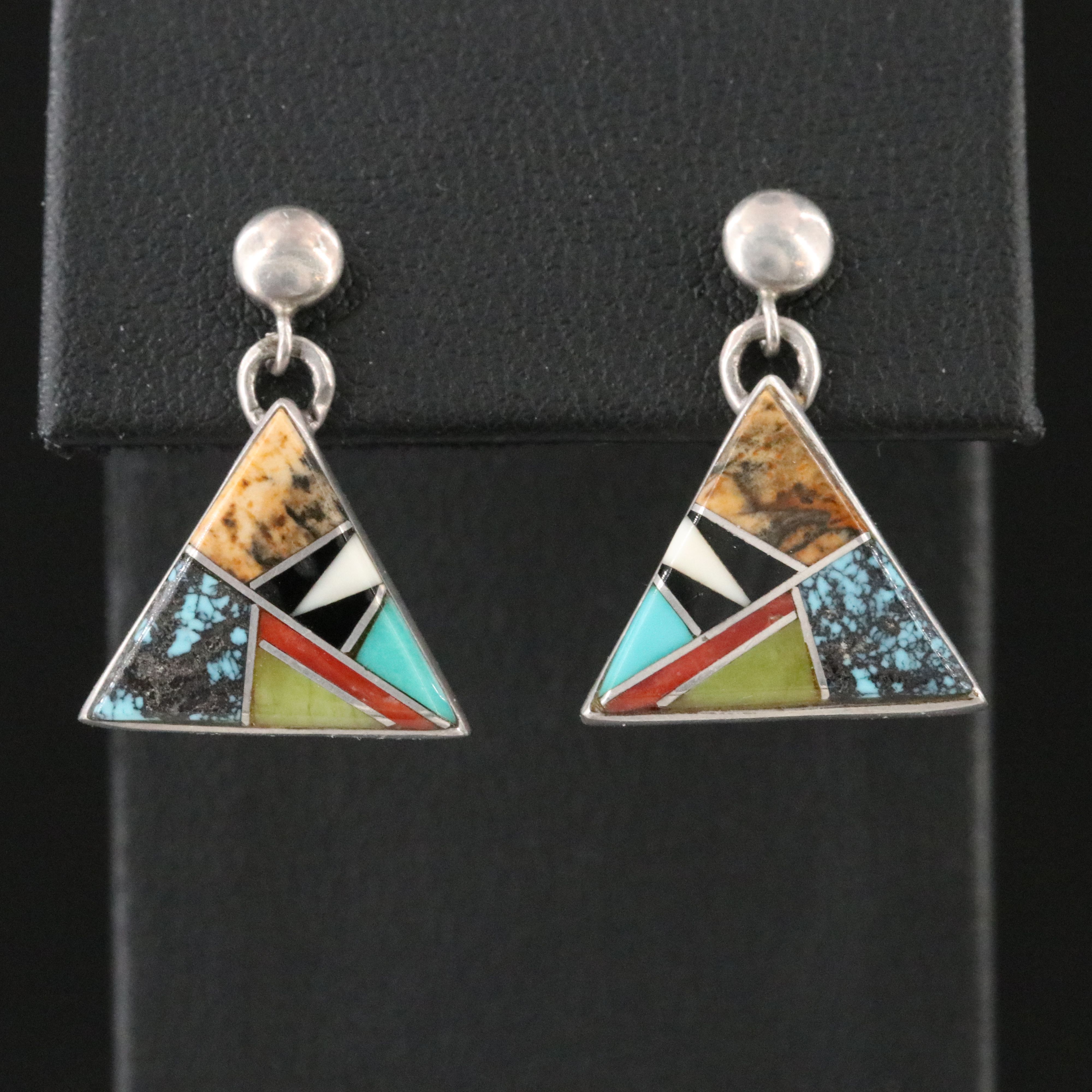 Signed Southwestern Sterling Gemstone Inlay Triangular Earrings