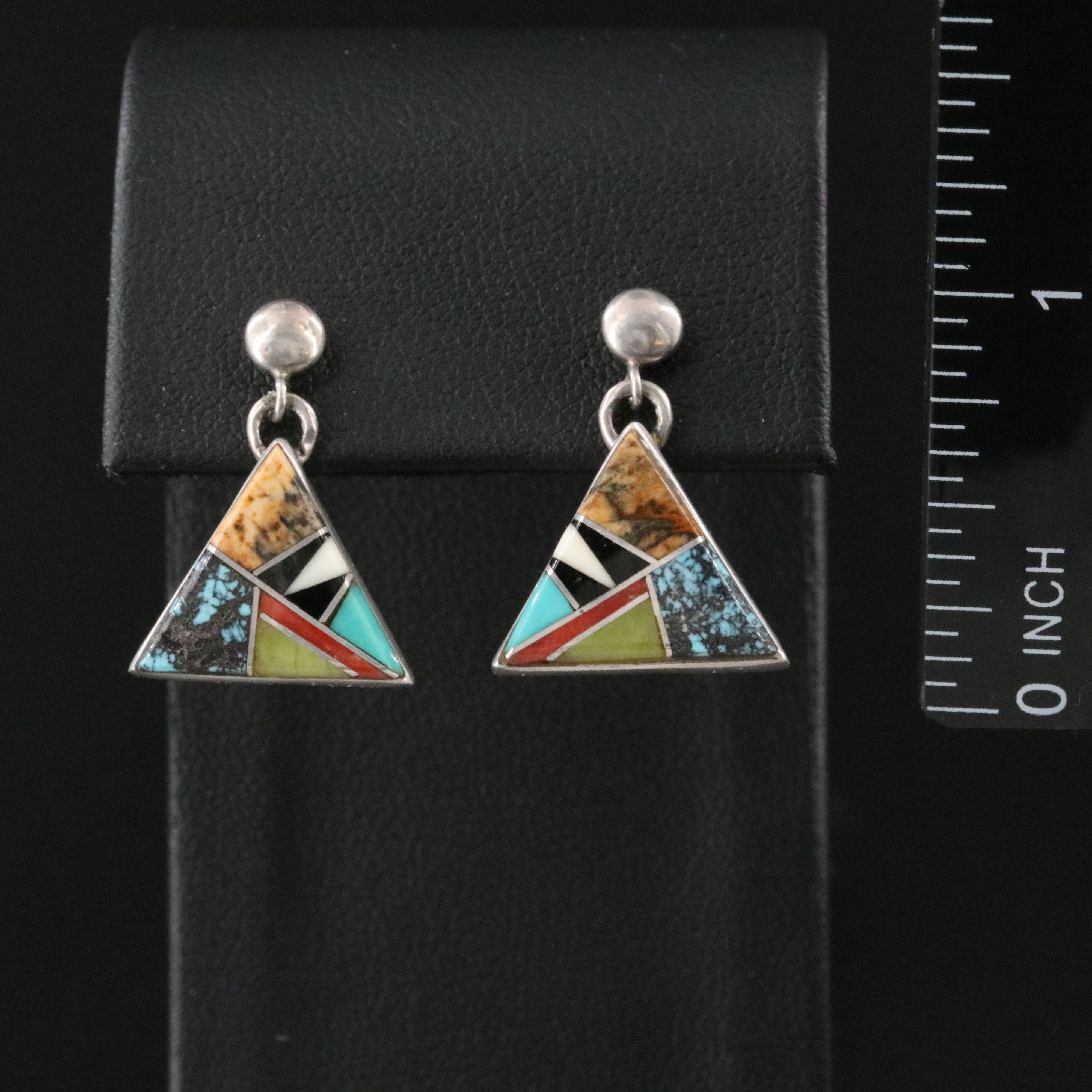 Signed Southwestern Sterling Gemstone Inlay Triangular Earrings