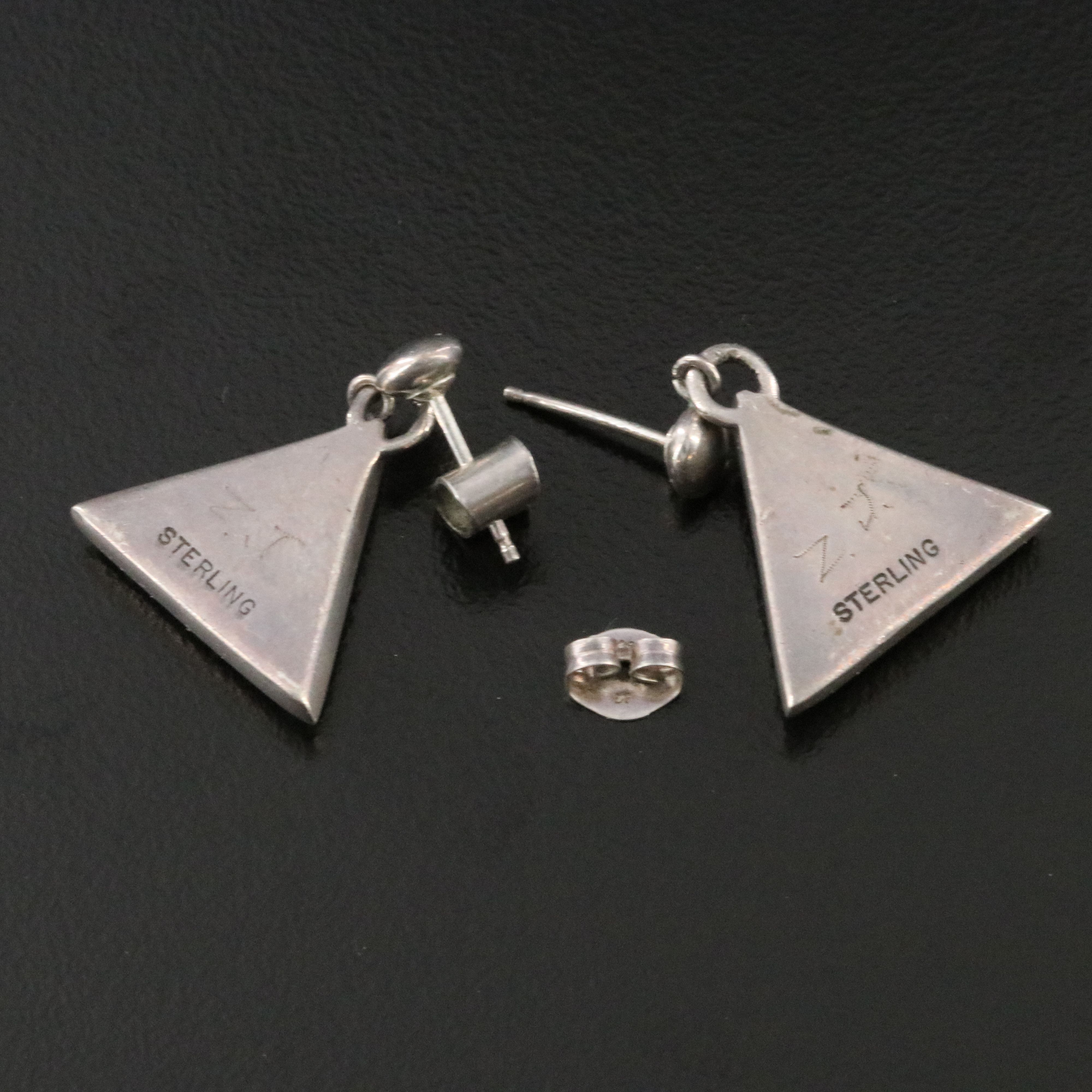 Signed Southwestern Sterling Gemstone Inlay Triangular Earrings