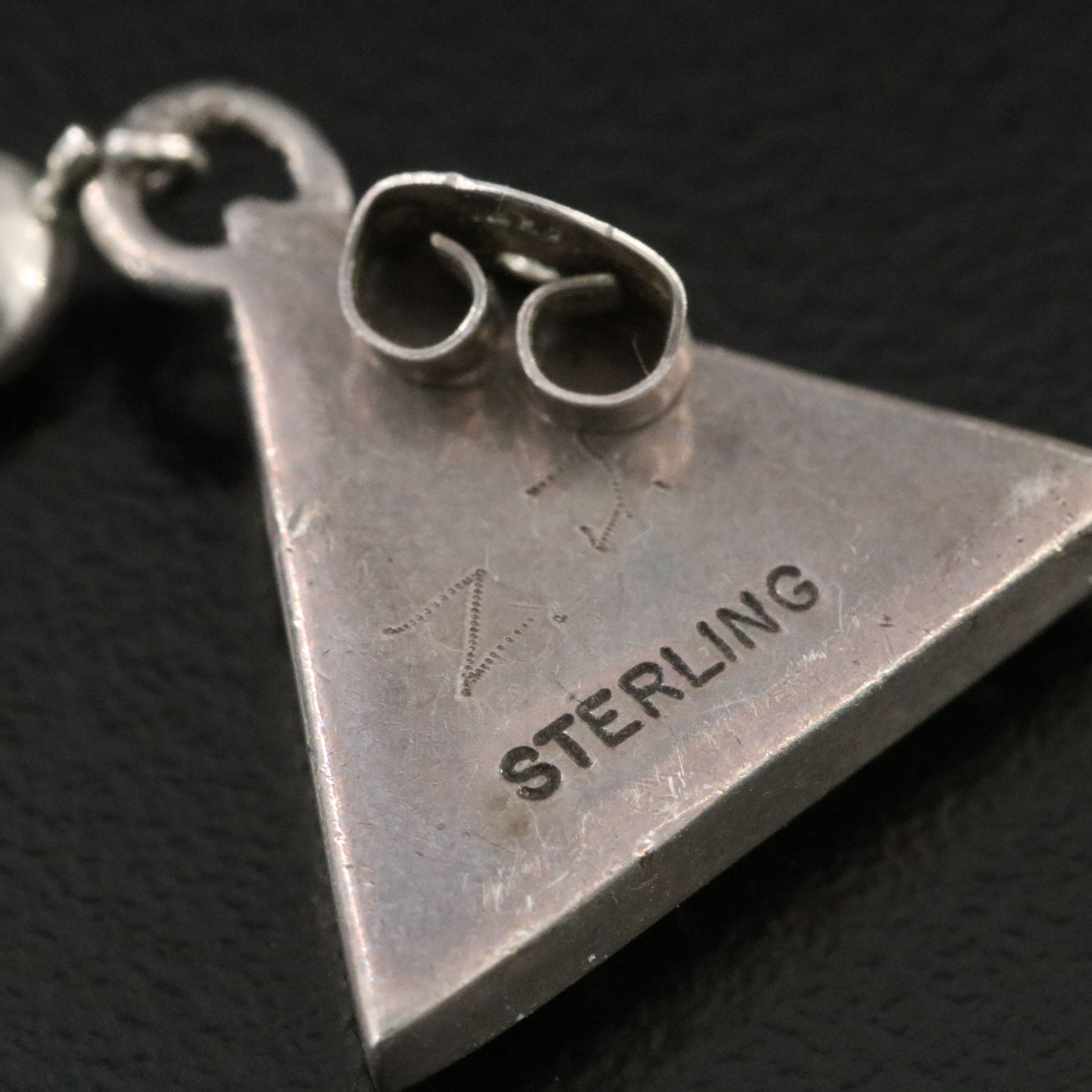 Signed Southwestern Sterling Gemstone Inlay Triangular Earrings