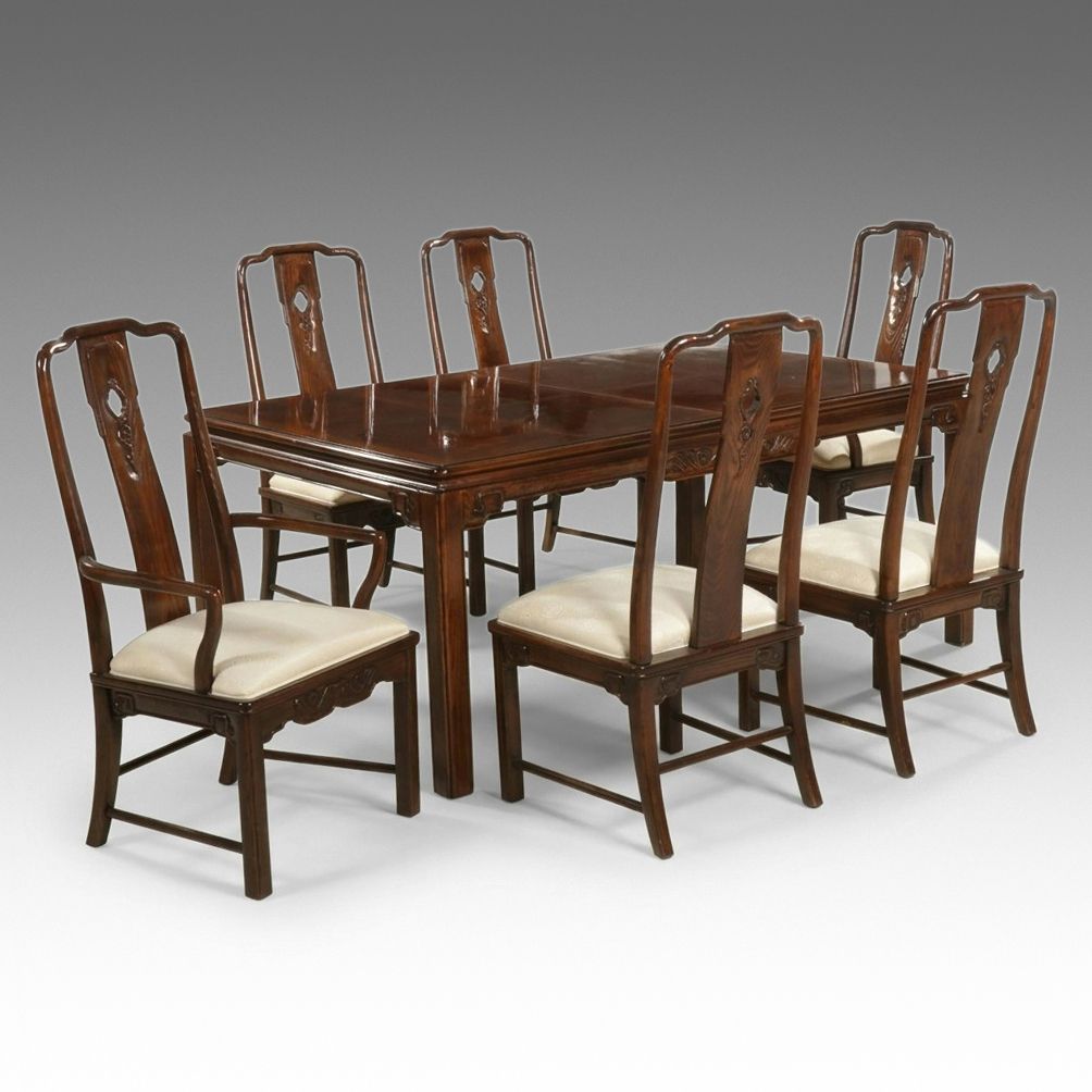 Chinoiserie Carved Oak and Burl Wood Dining Table and Six Chairs