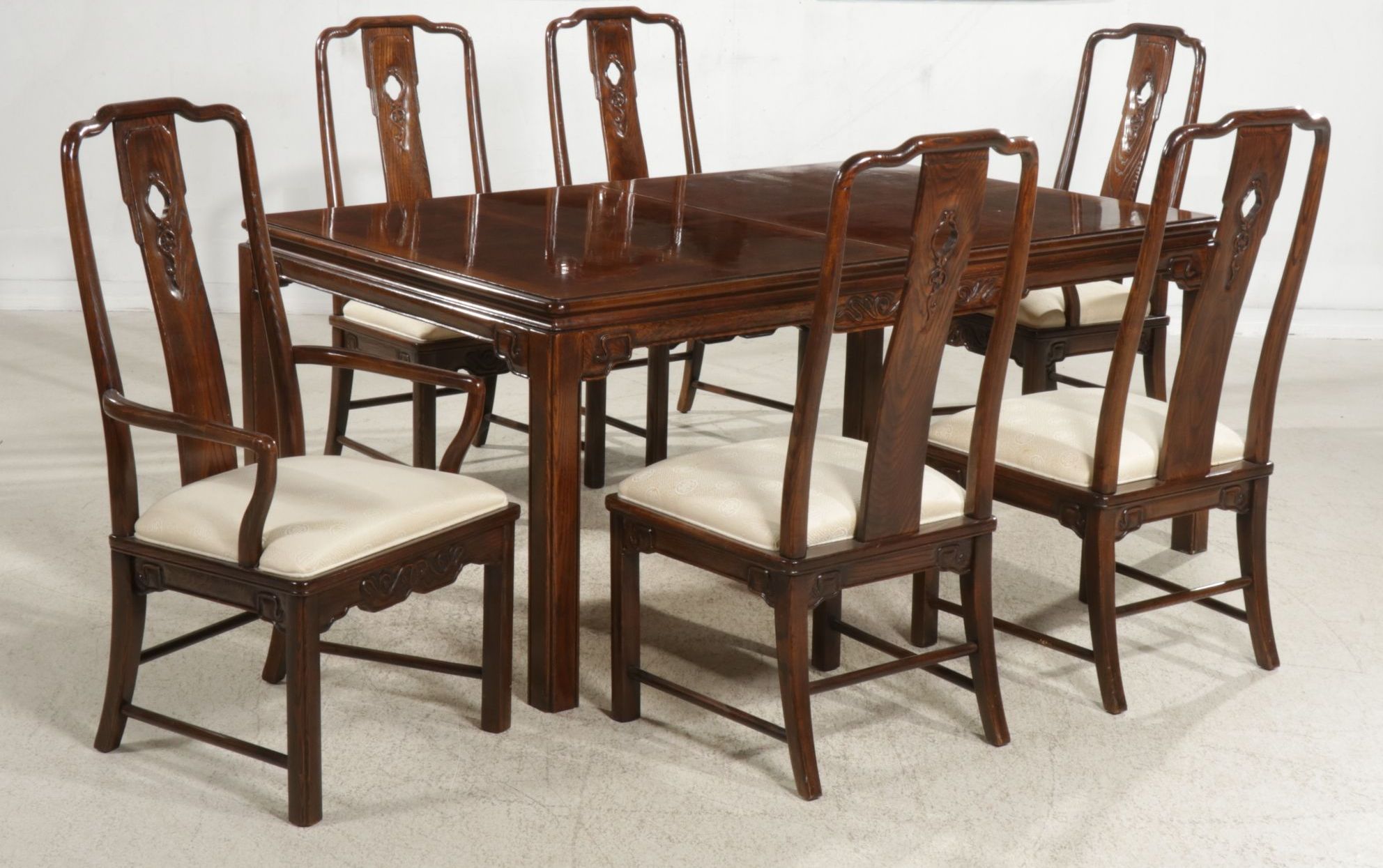 Chinoiserie Carved Oak and Burl Wood Dining Table and Six Chairs