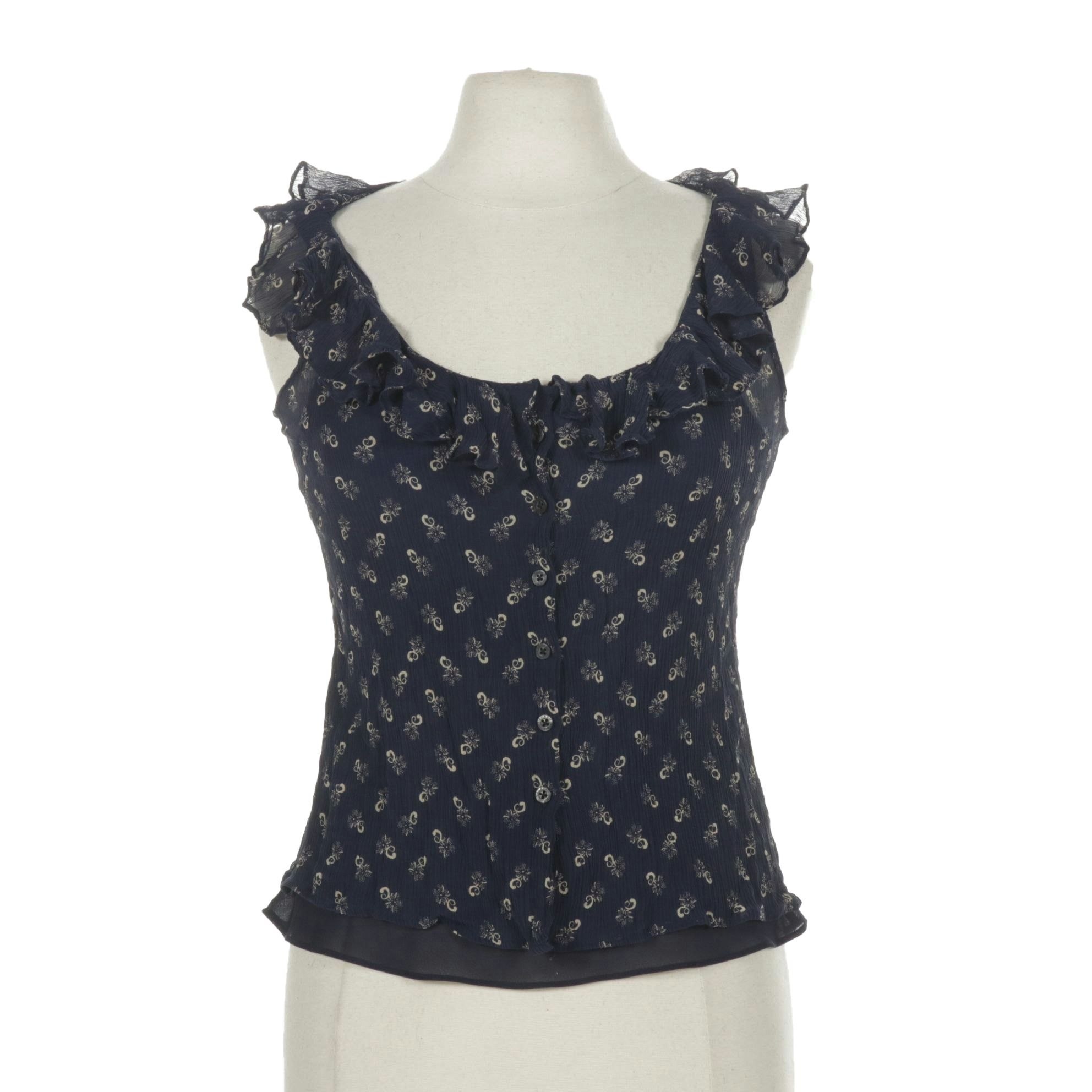 Lauren Ralph Lauren Silk Sleeveless Ruffle Blouse in Navy Floral Print