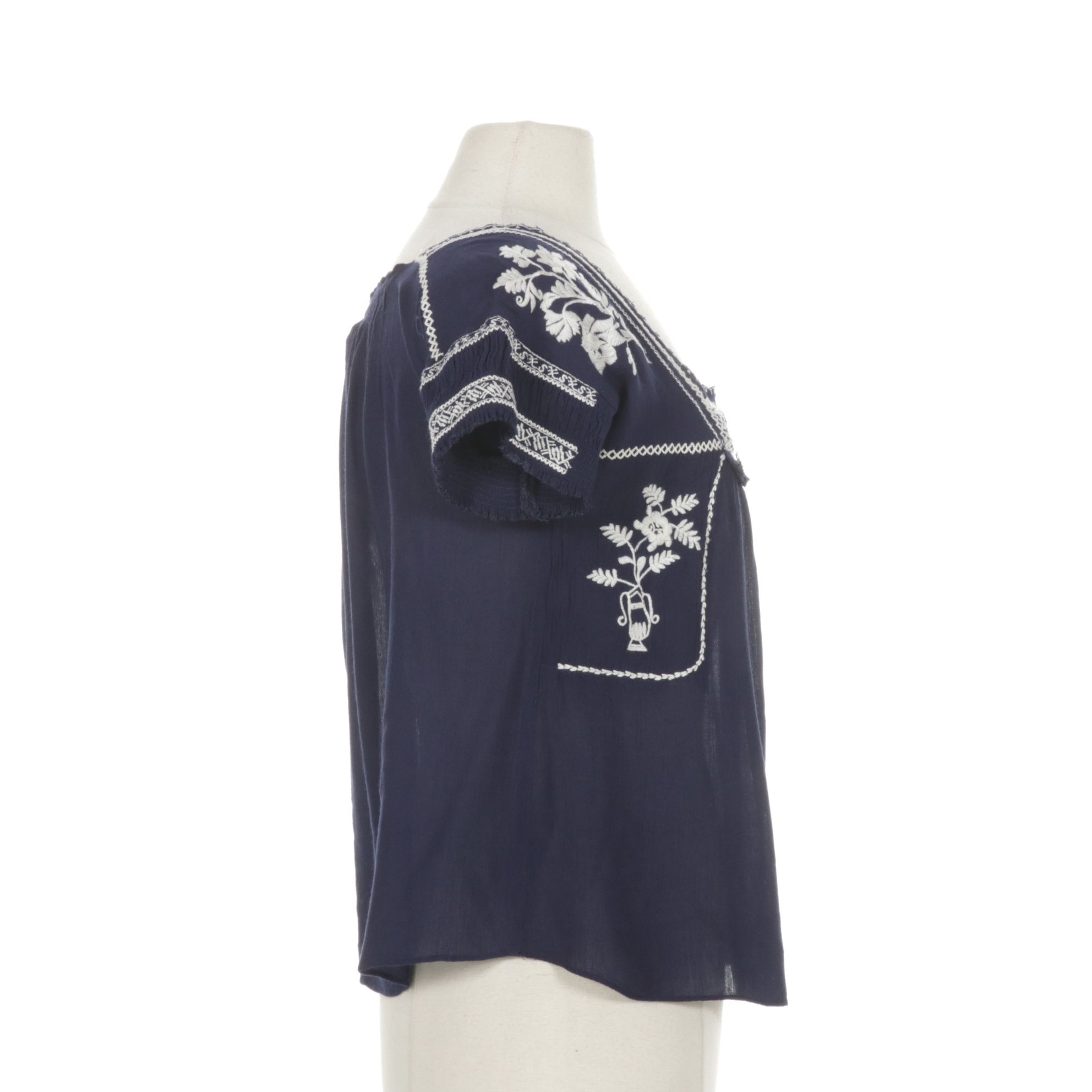 Navy and White Embroidered Square-Neck Peasant Blouse
