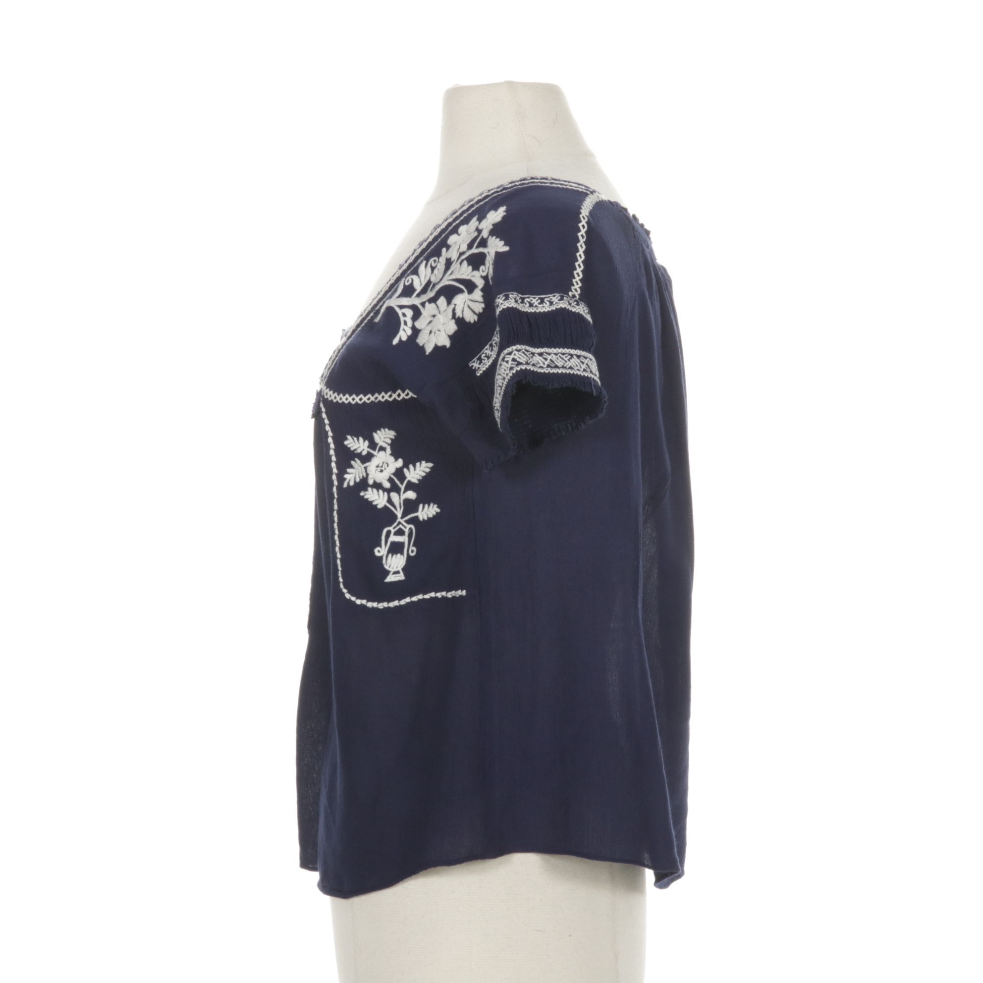 Navy and White Embroidered Square-Neck Peasant Blouse