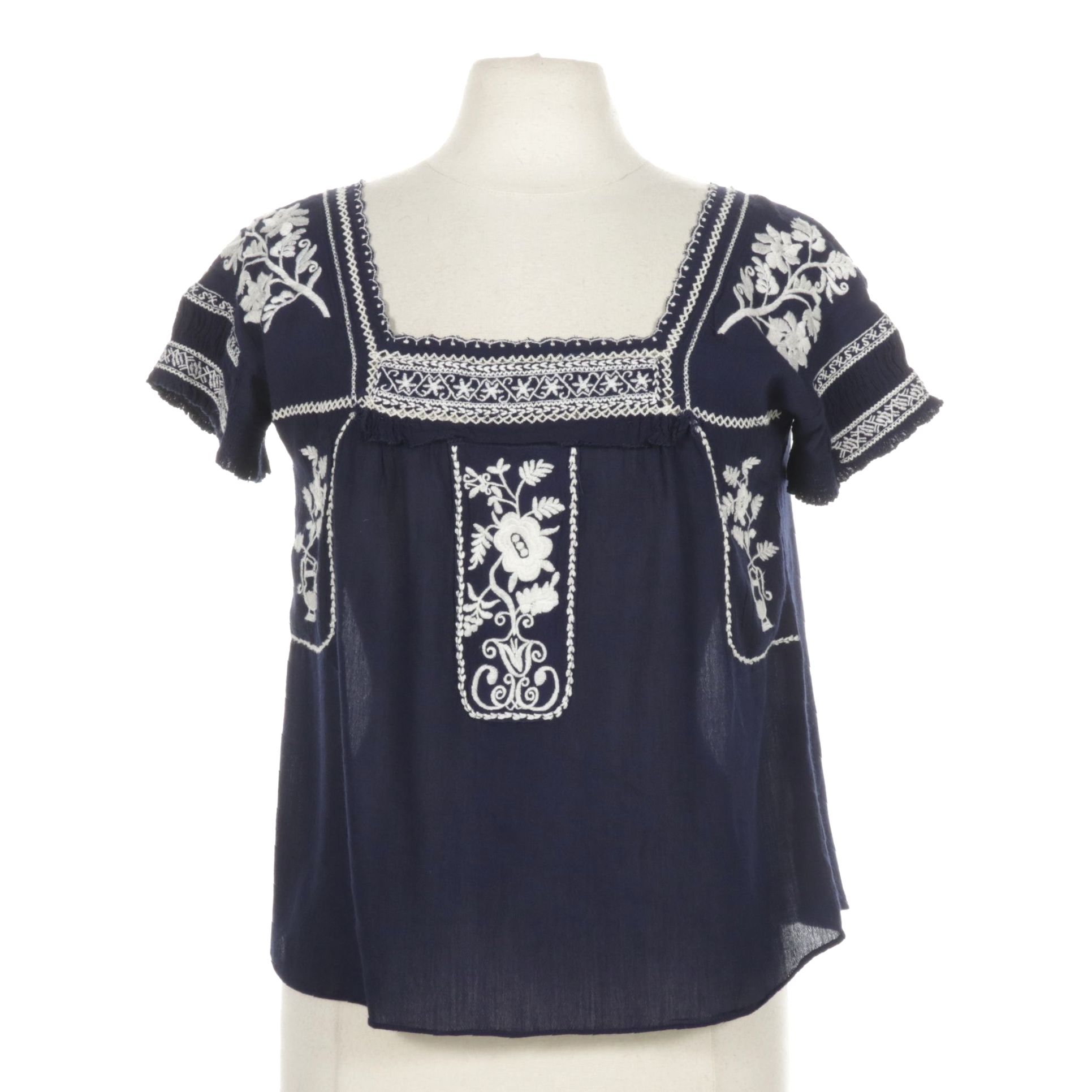 Navy and White Embroidered Square-Neck Peasant Blouse