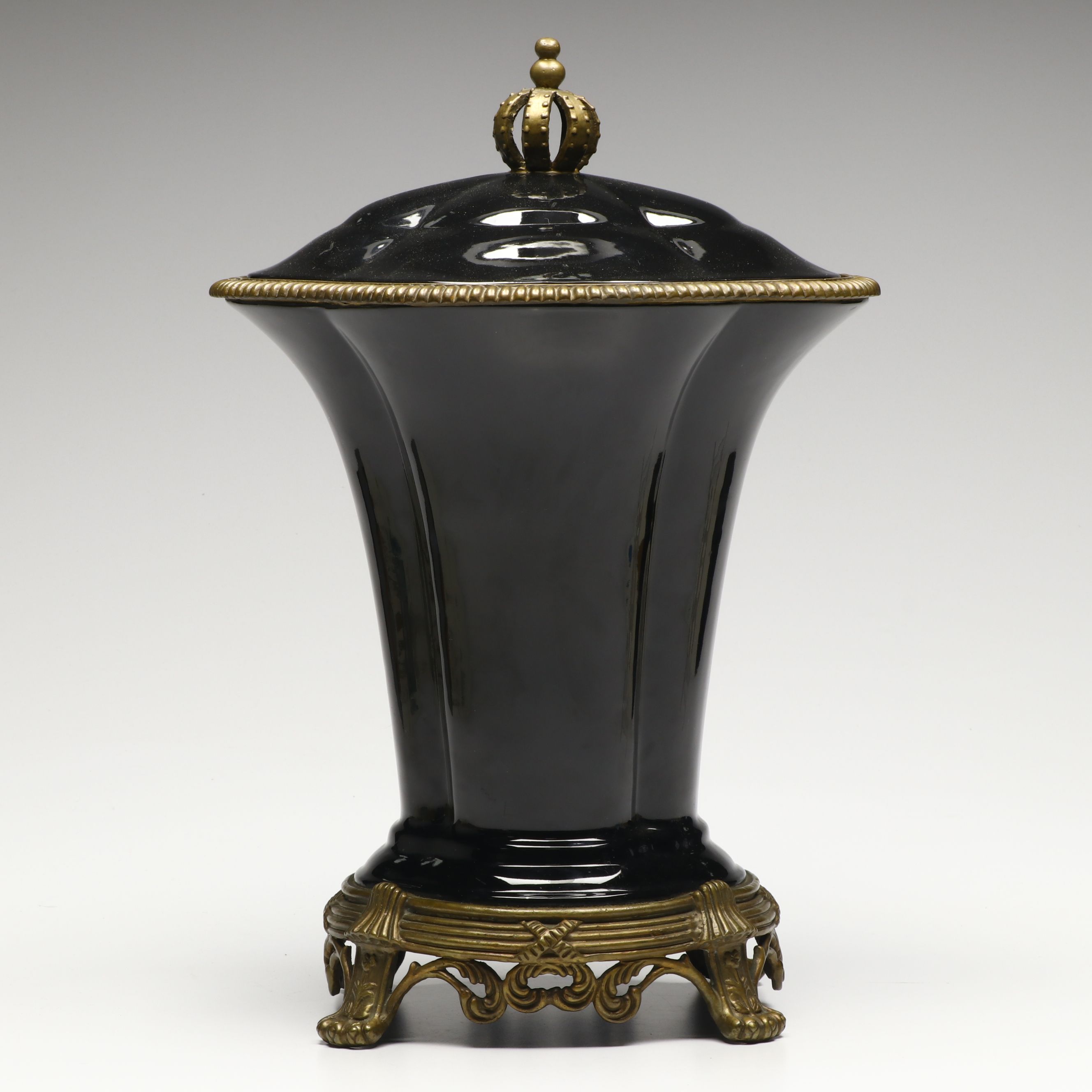 Black Porcelain Footed Urn with Bronze Finish Accents