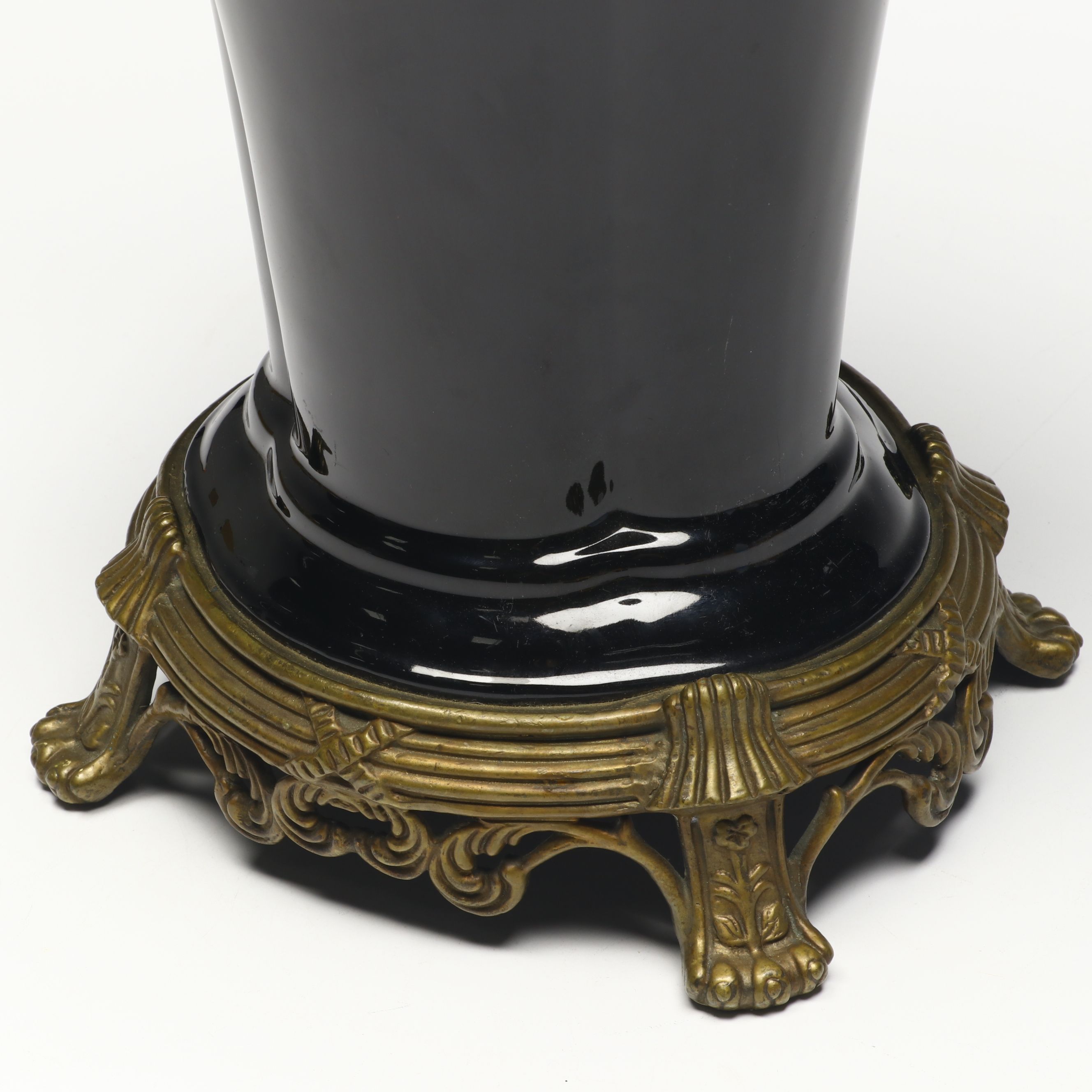 Black Porcelain Footed Urn with Bronze Finish Accents