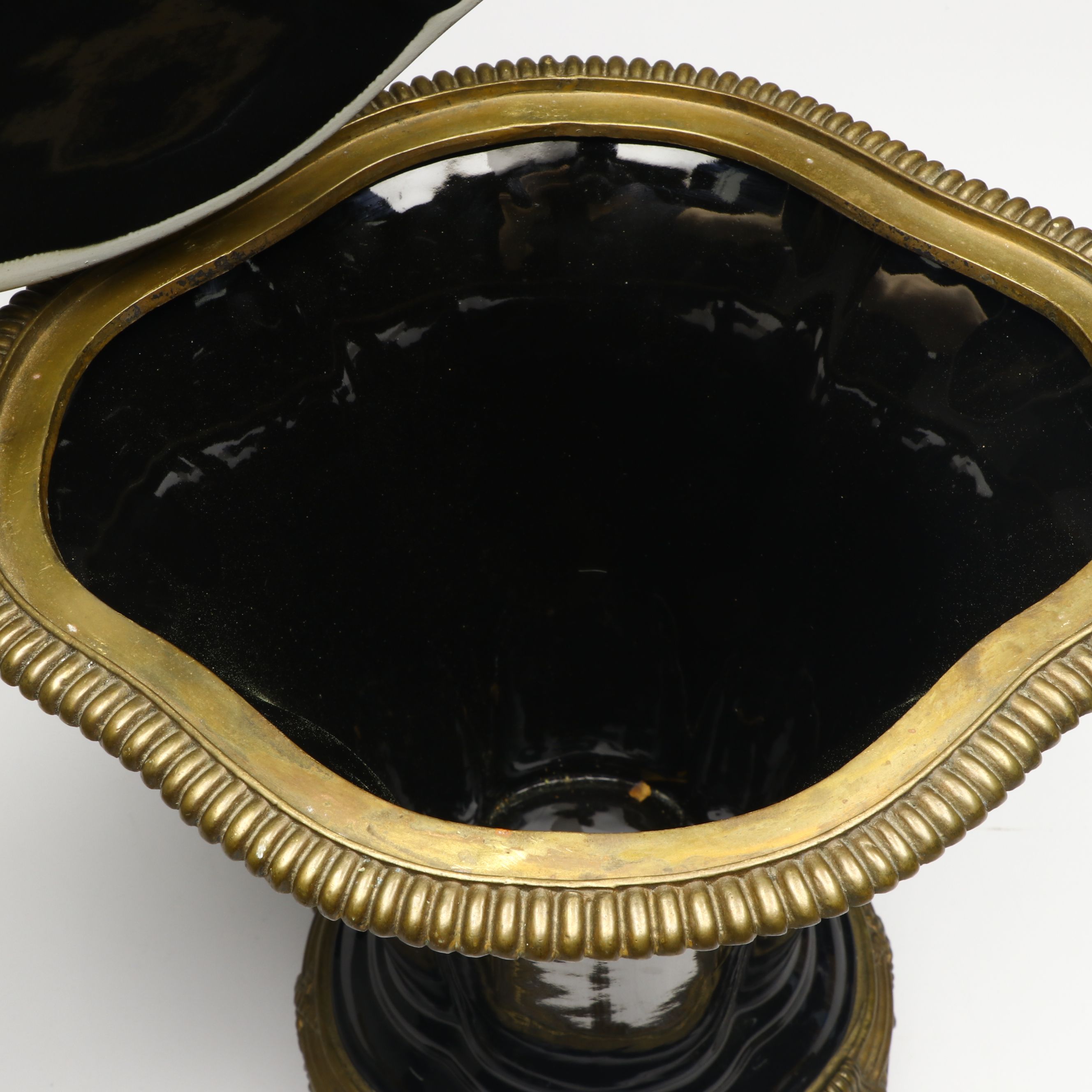 Black Porcelain Footed Urn with Bronze Finish Accents