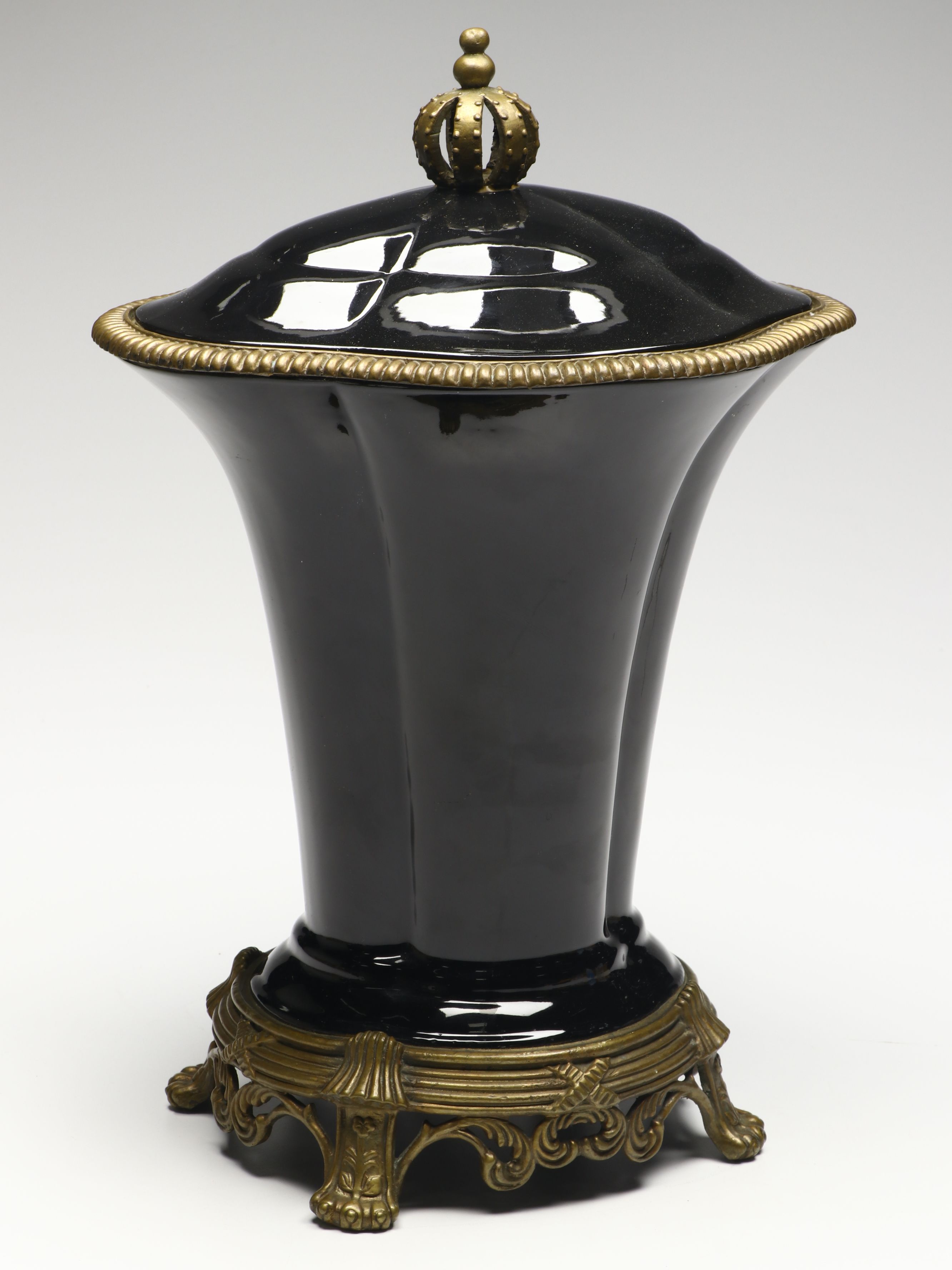 Black Porcelain Footed Urn with Bronze Finish Accents