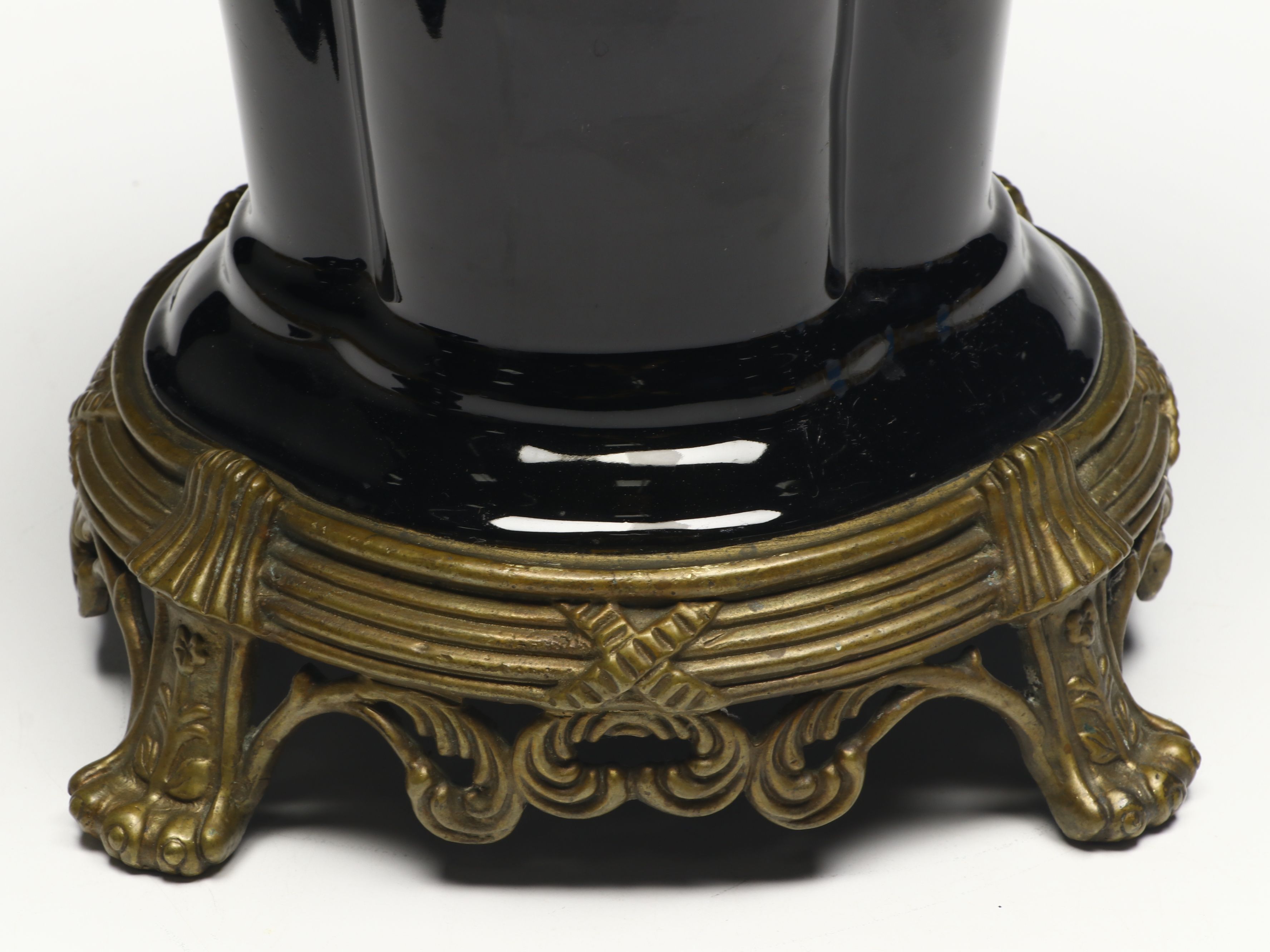 Black Porcelain Footed Urn with Bronze Finish Accents