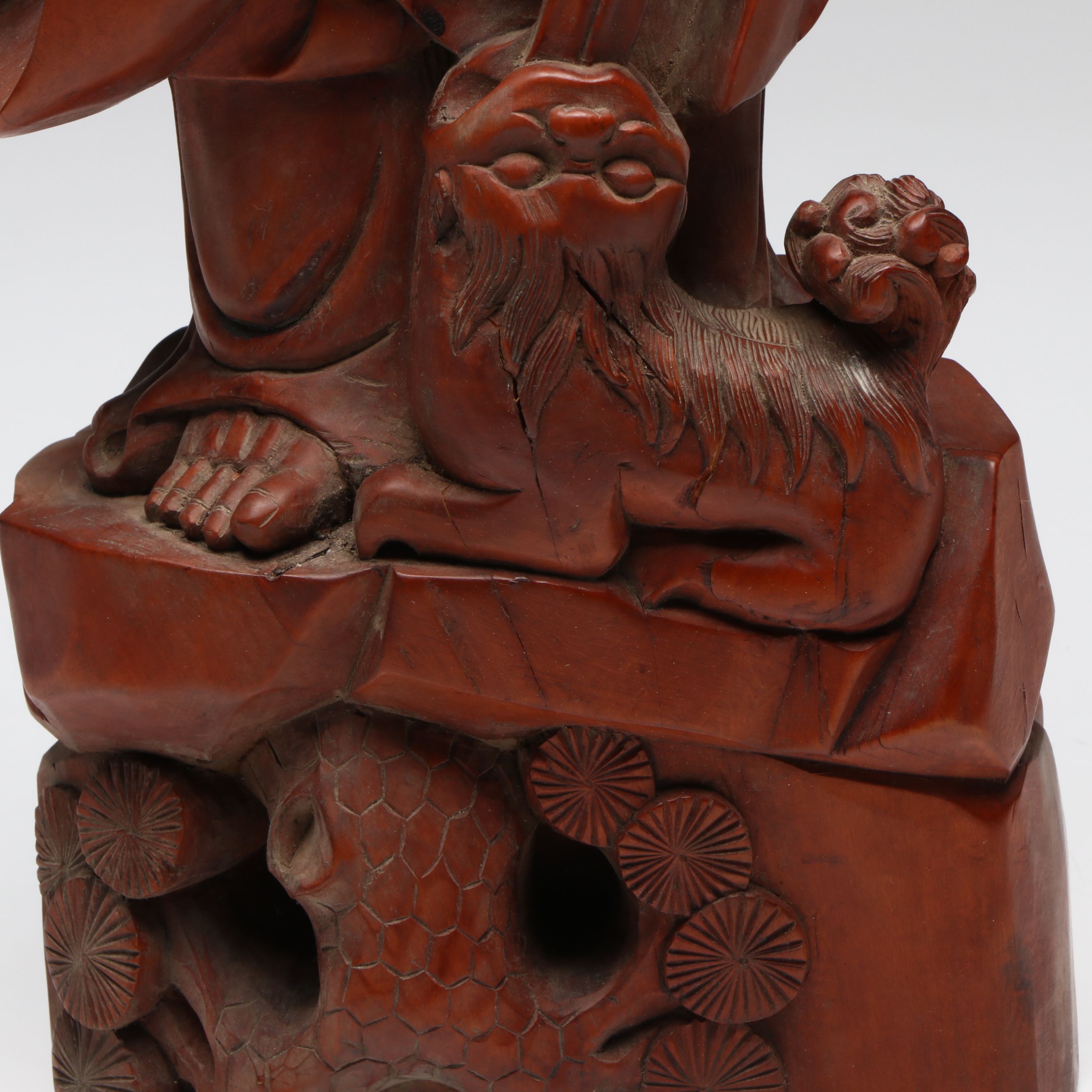 Chinese Carved Wood Deity with Guardian Lion