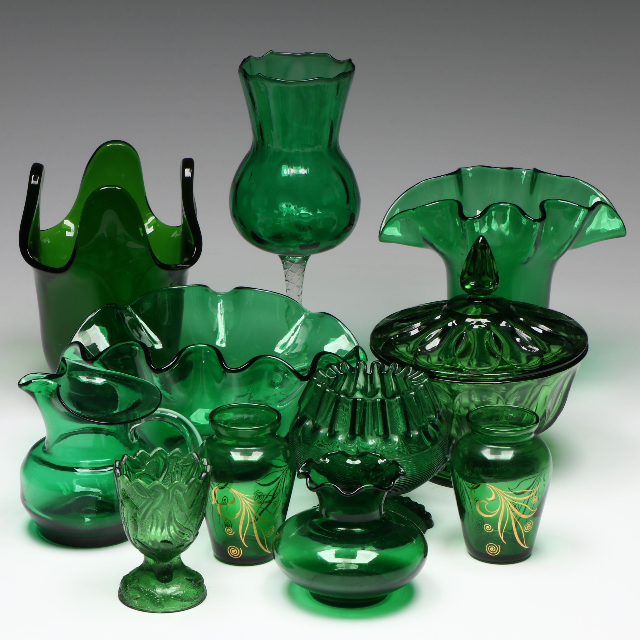 Northwood Crimped Green Dish with Anchor Hocking Gilt Bud Vases and More Glass