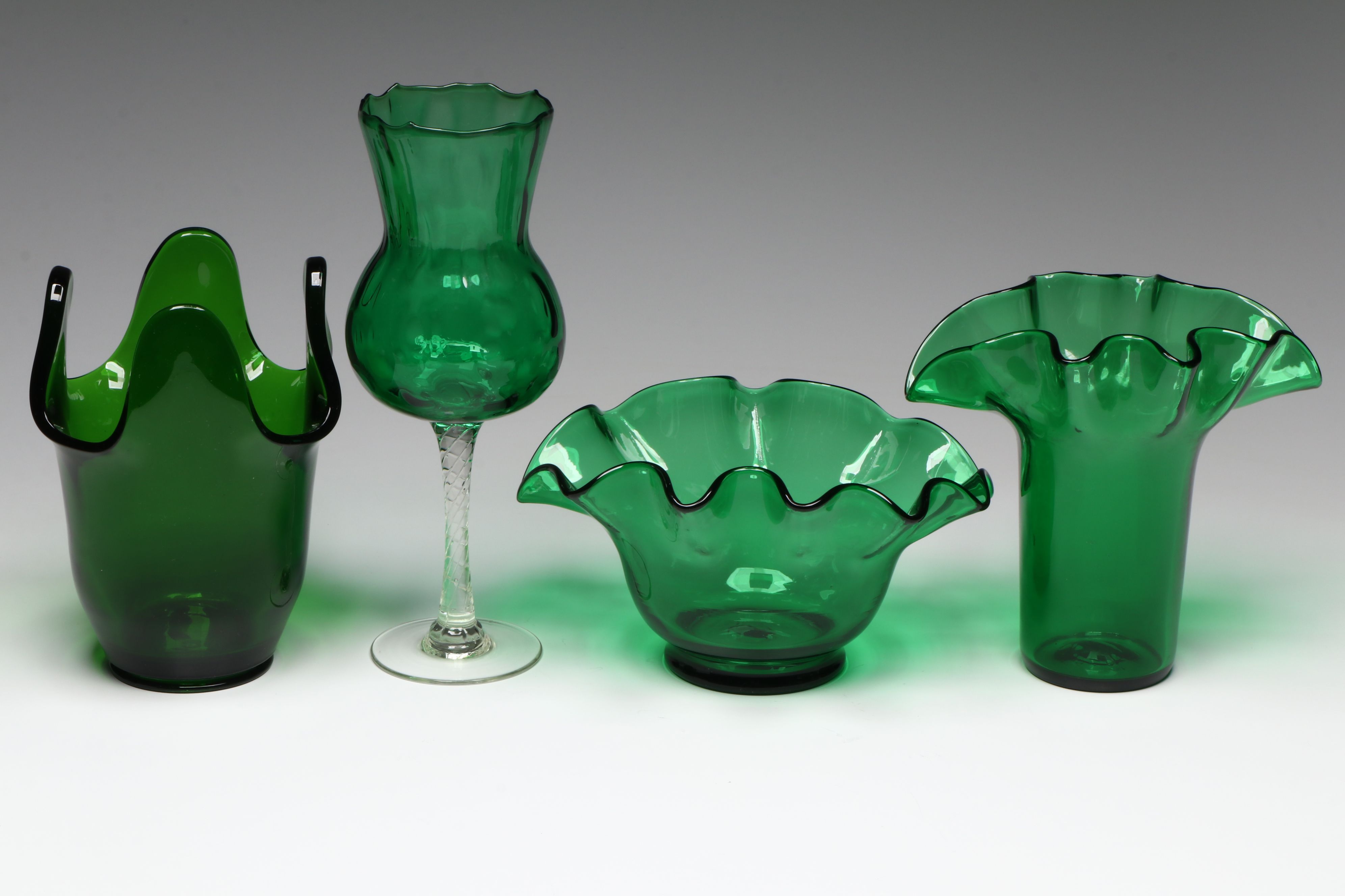 Northwood Crimped Green Dish with Anchor Hocking Gilt Bud Vases and More Glass