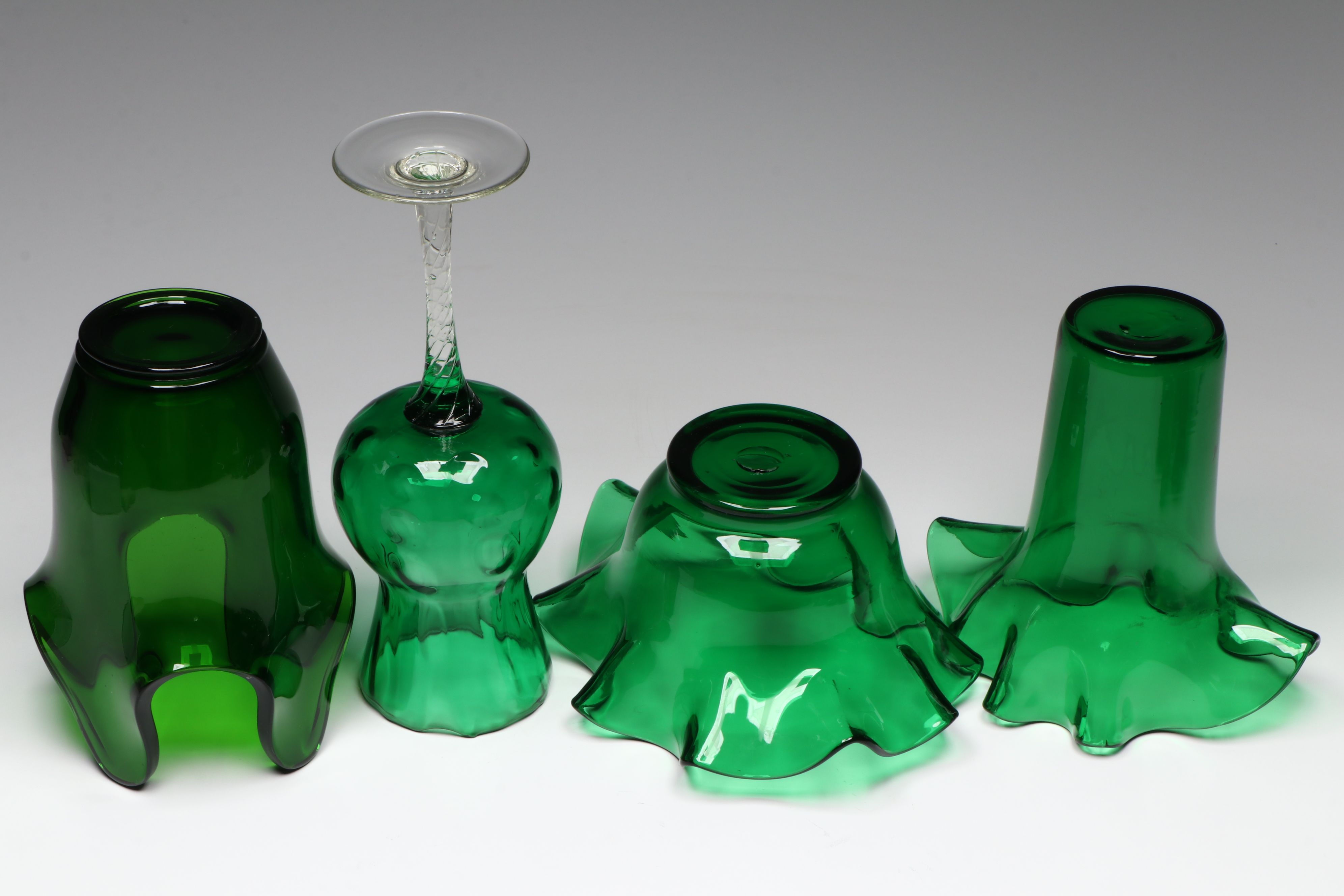 Northwood Crimped Green Dish with Anchor Hocking Gilt Bud Vases and More Glass