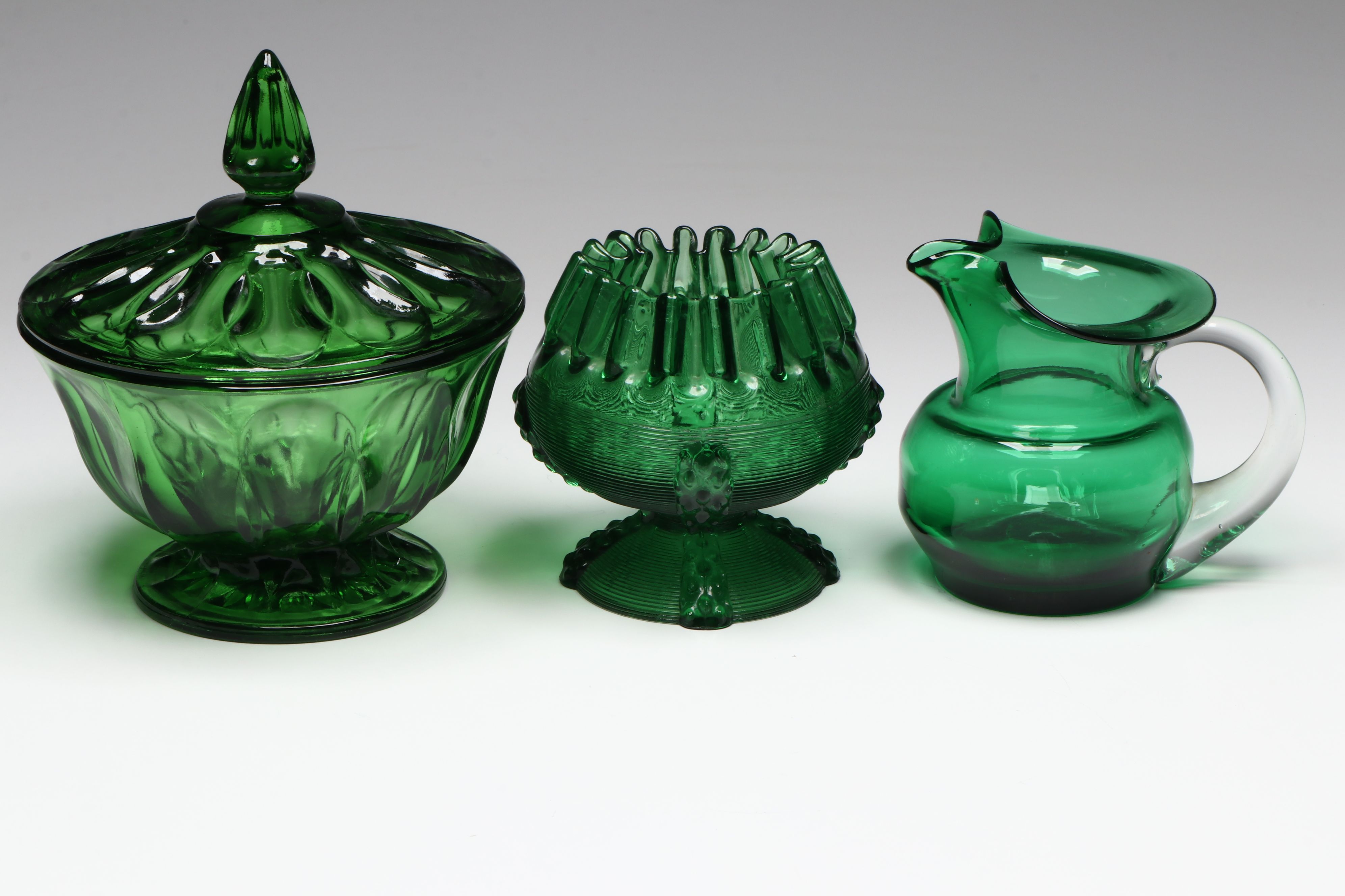 Northwood Crimped Green Dish with Anchor Hocking Gilt Bud Vases and More Glass