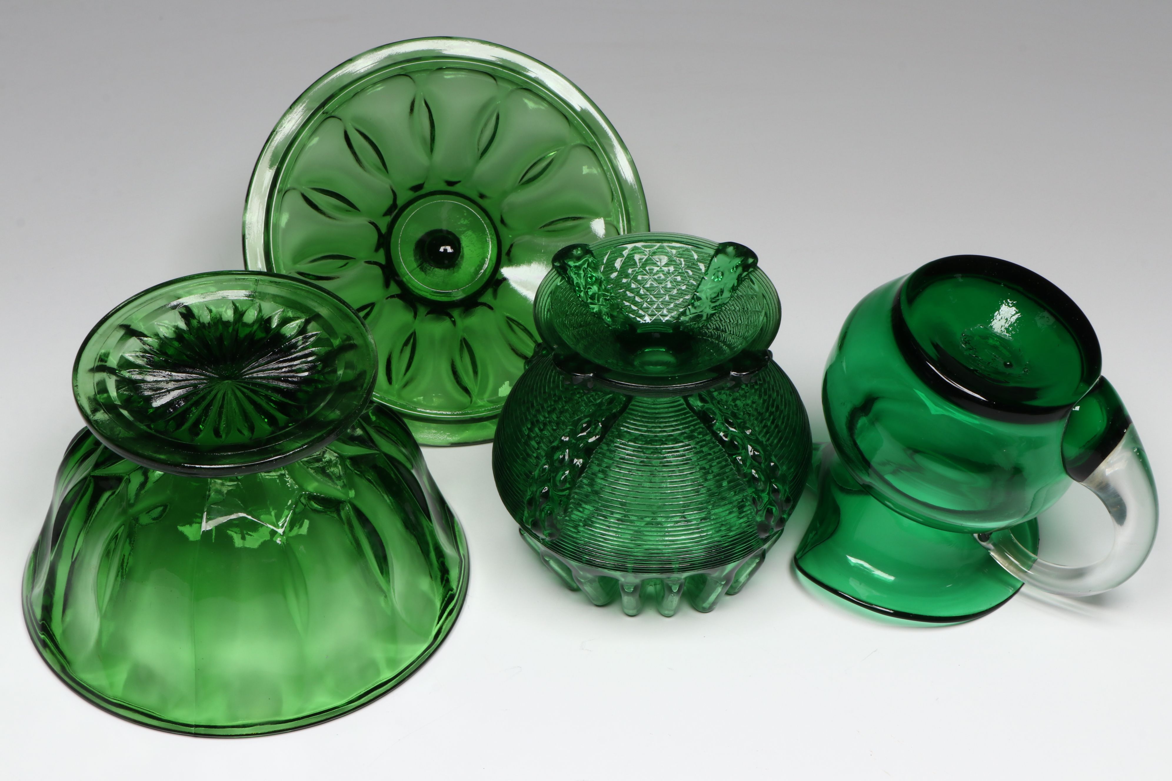 Northwood Crimped Green Dish with Anchor Hocking Gilt Bud Vases and More Glass