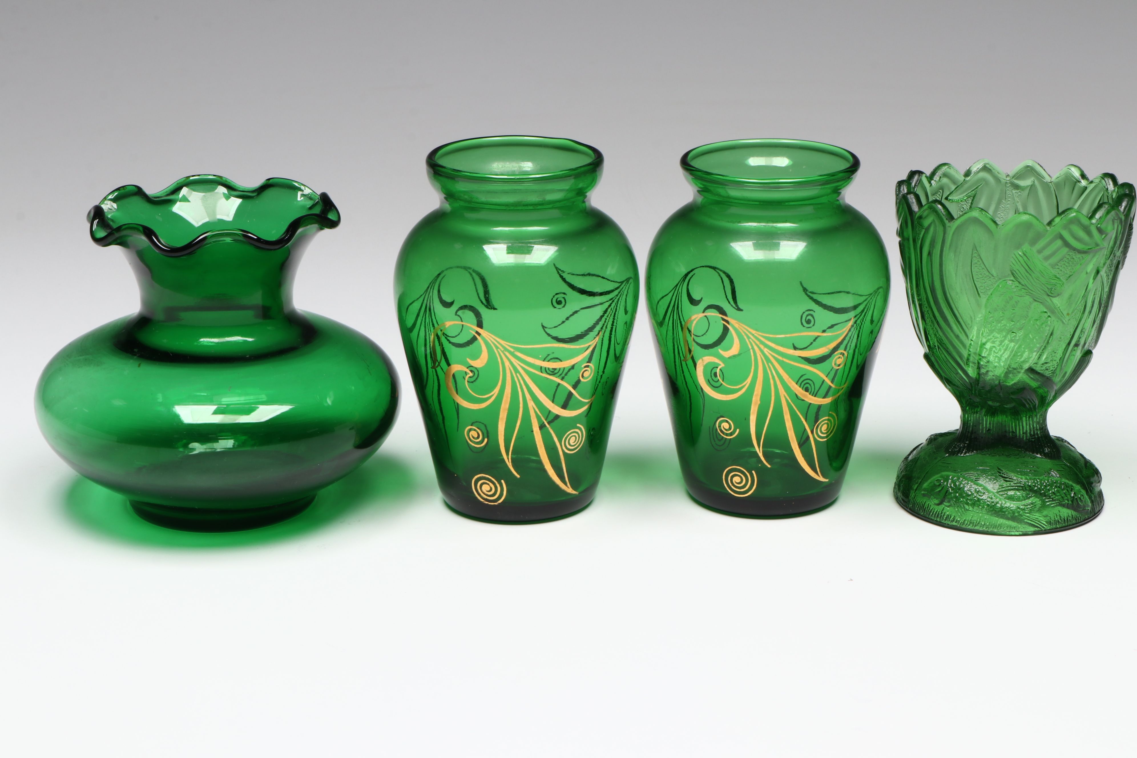 Northwood Crimped Green Dish with Anchor Hocking Gilt Bud Vases and More Glass