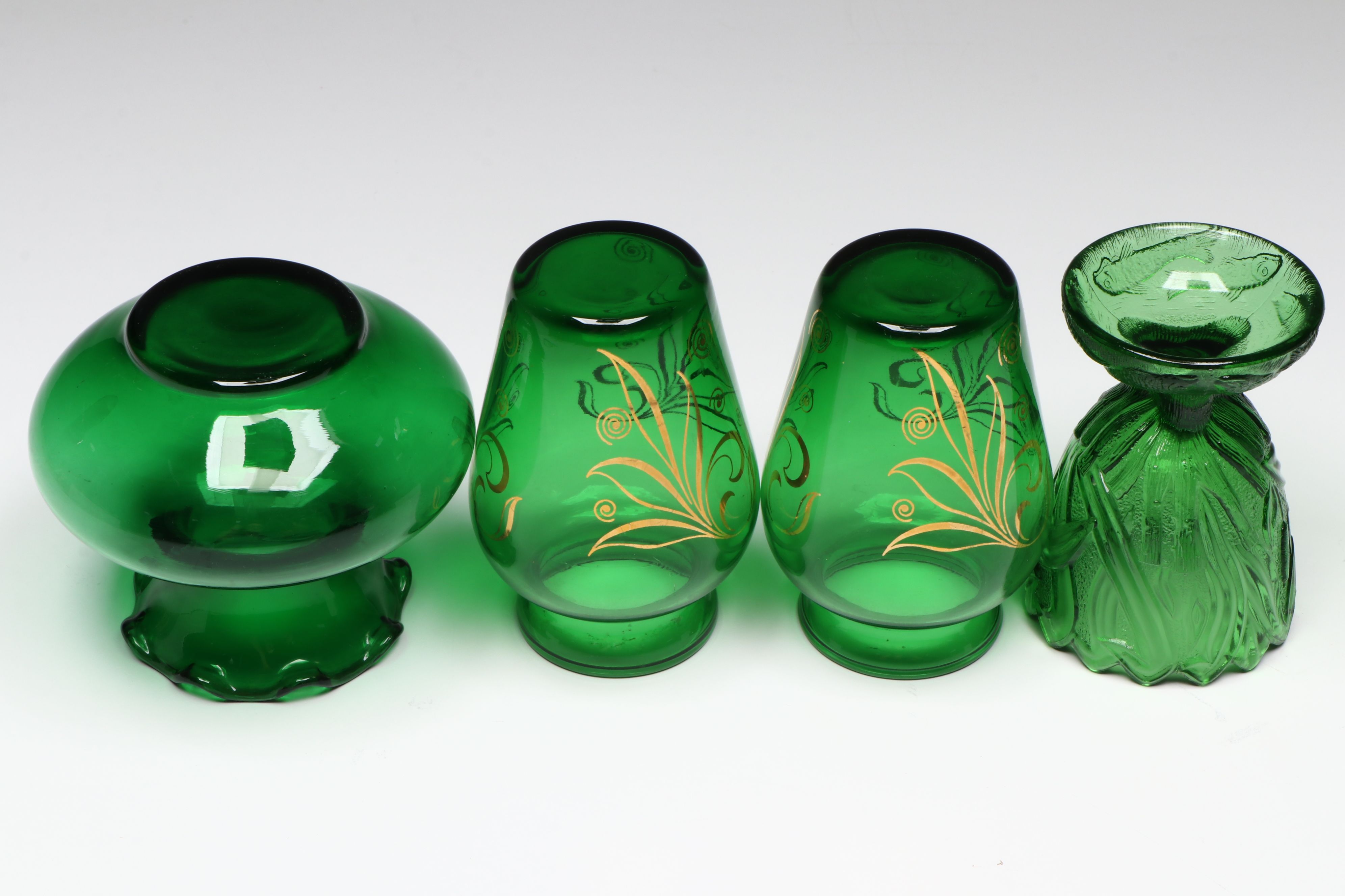 Northwood Crimped Green Dish with Anchor Hocking Gilt Bud Vases and More Glass