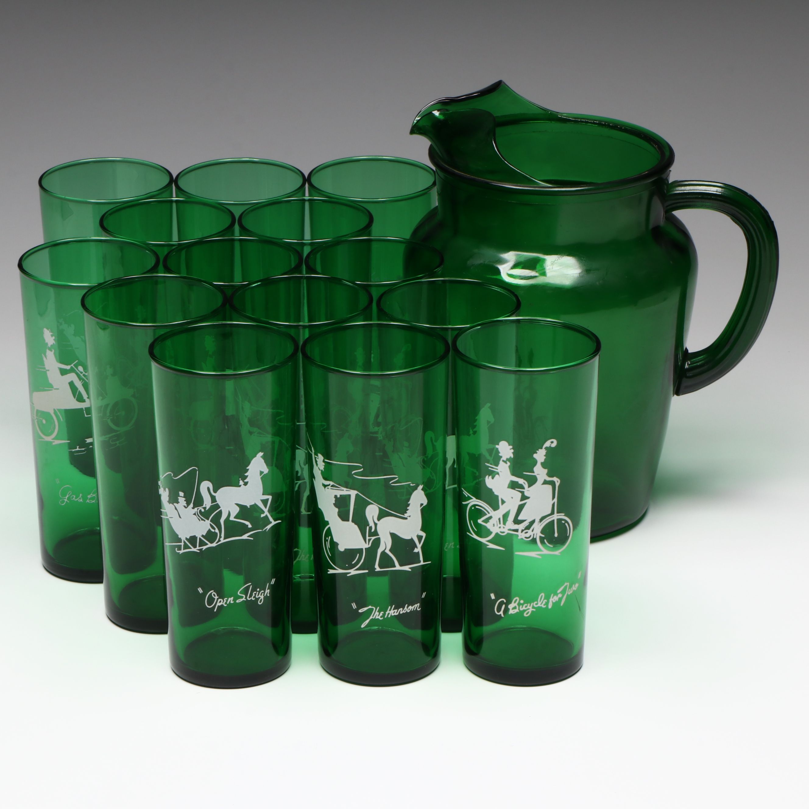 Anchor Hocking "Gas Buggy" and Other Green Novelty Cups with Pitcher