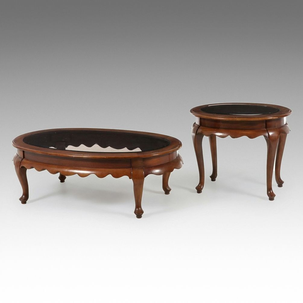 Vintage Queen Anne Style Glass Top Coffee and Side Table Set