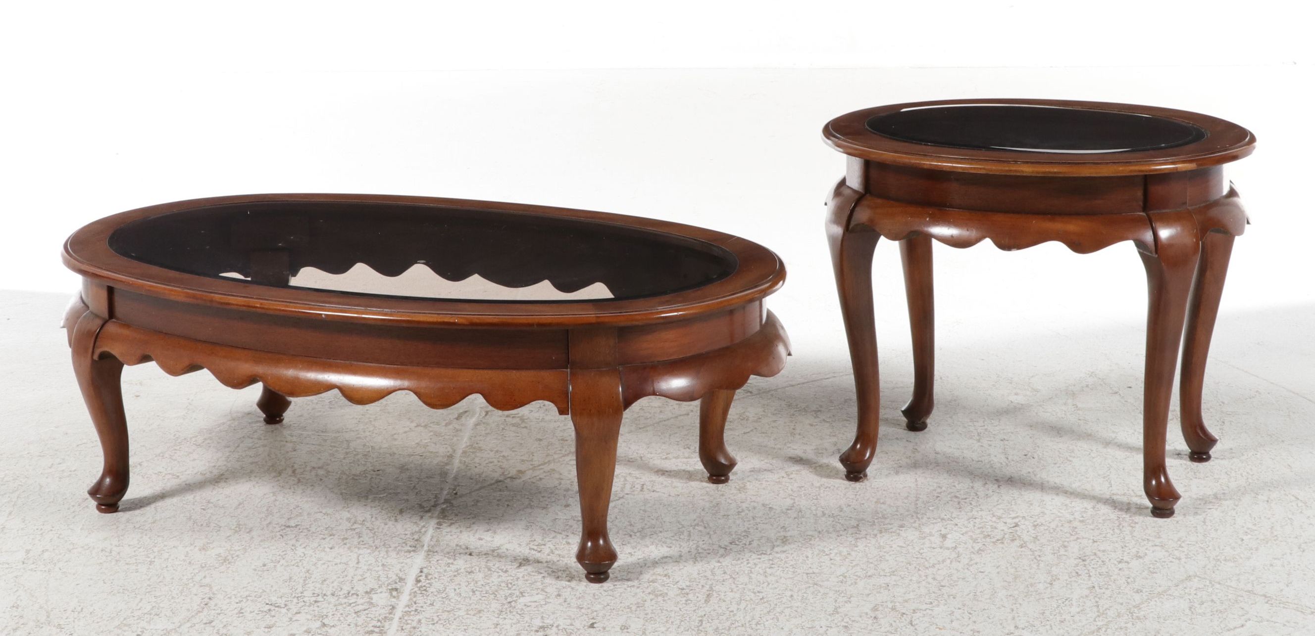 Vintage Queen Anne Style Glass Top Coffee and Side Table Set