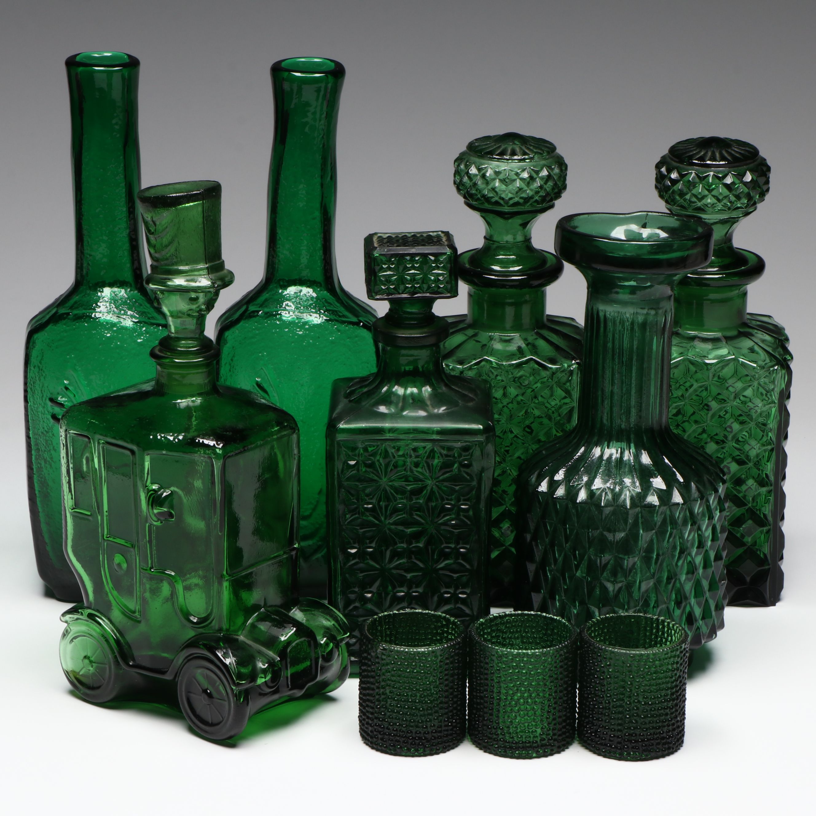Mid Century Modern Embossed Bird Bottles with Bessi Decanter, Other Green Glass