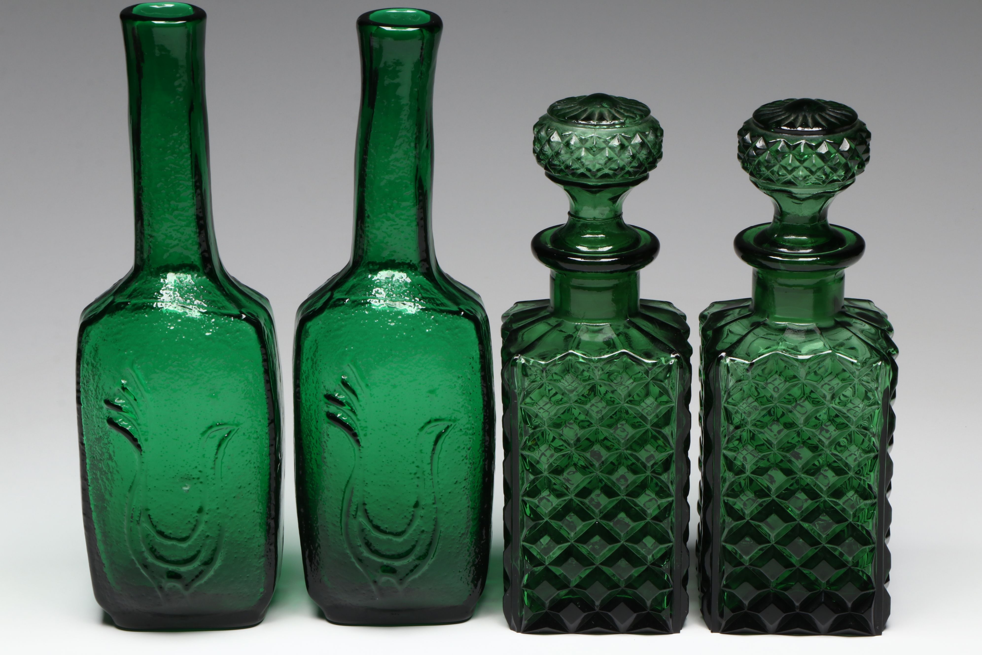 Mid Century Modern Embossed Bird Bottles with Bessi Decanter, Other Green Glass
