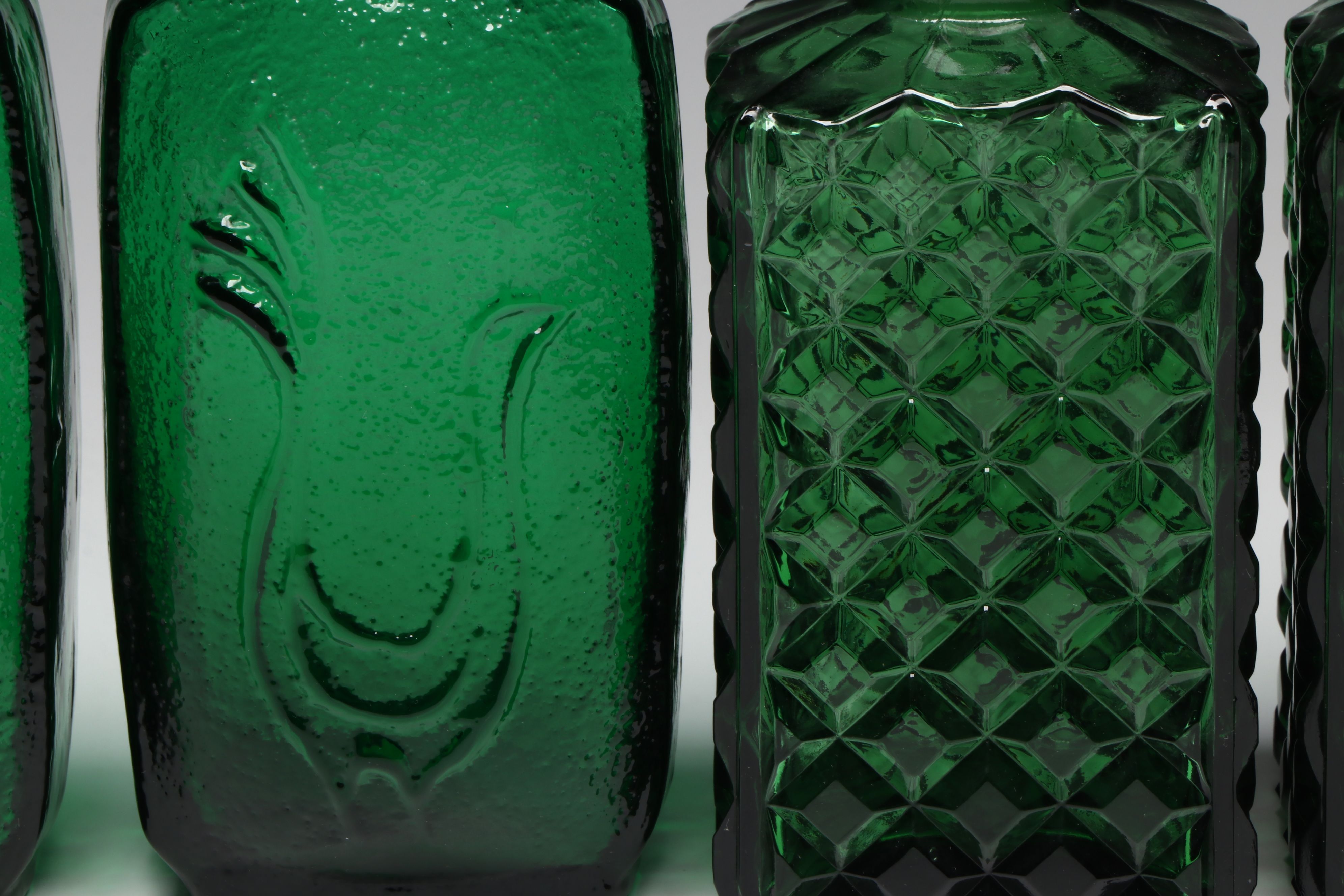 Mid Century Modern Embossed Bird Bottles with Bessi Decanter, Other Green Glass