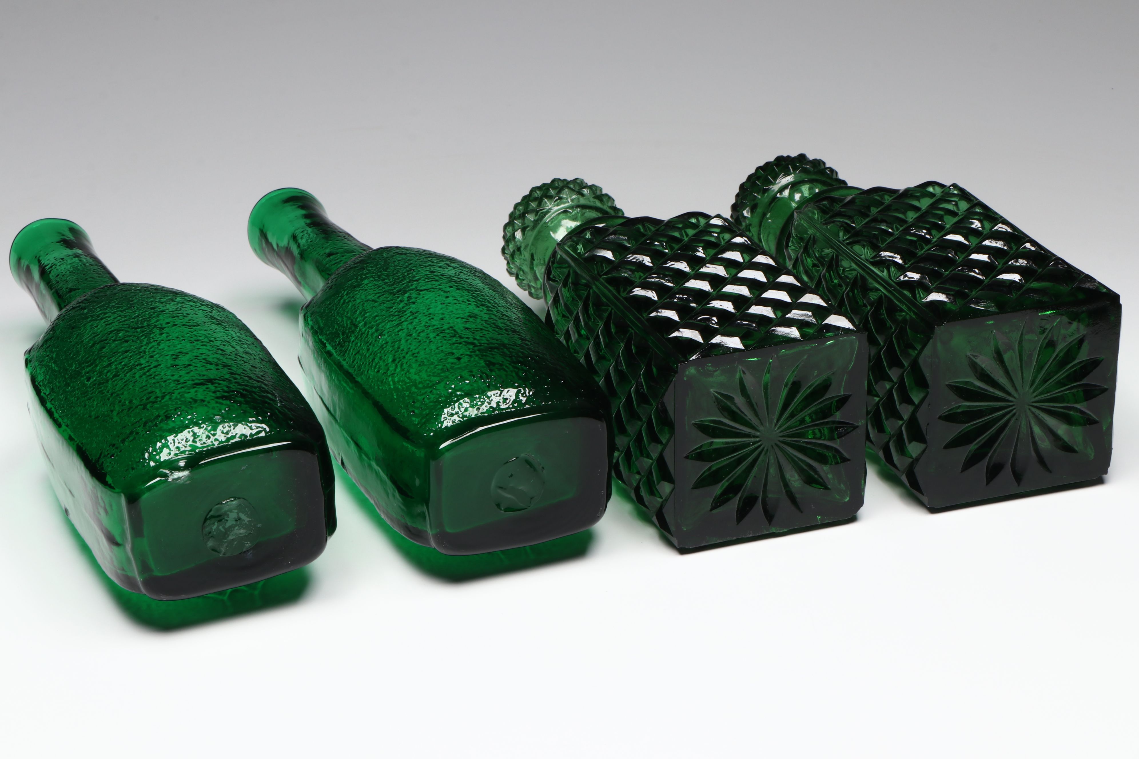 Mid Century Modern Embossed Bird Bottles with Bessi Decanter, Other Green Glass